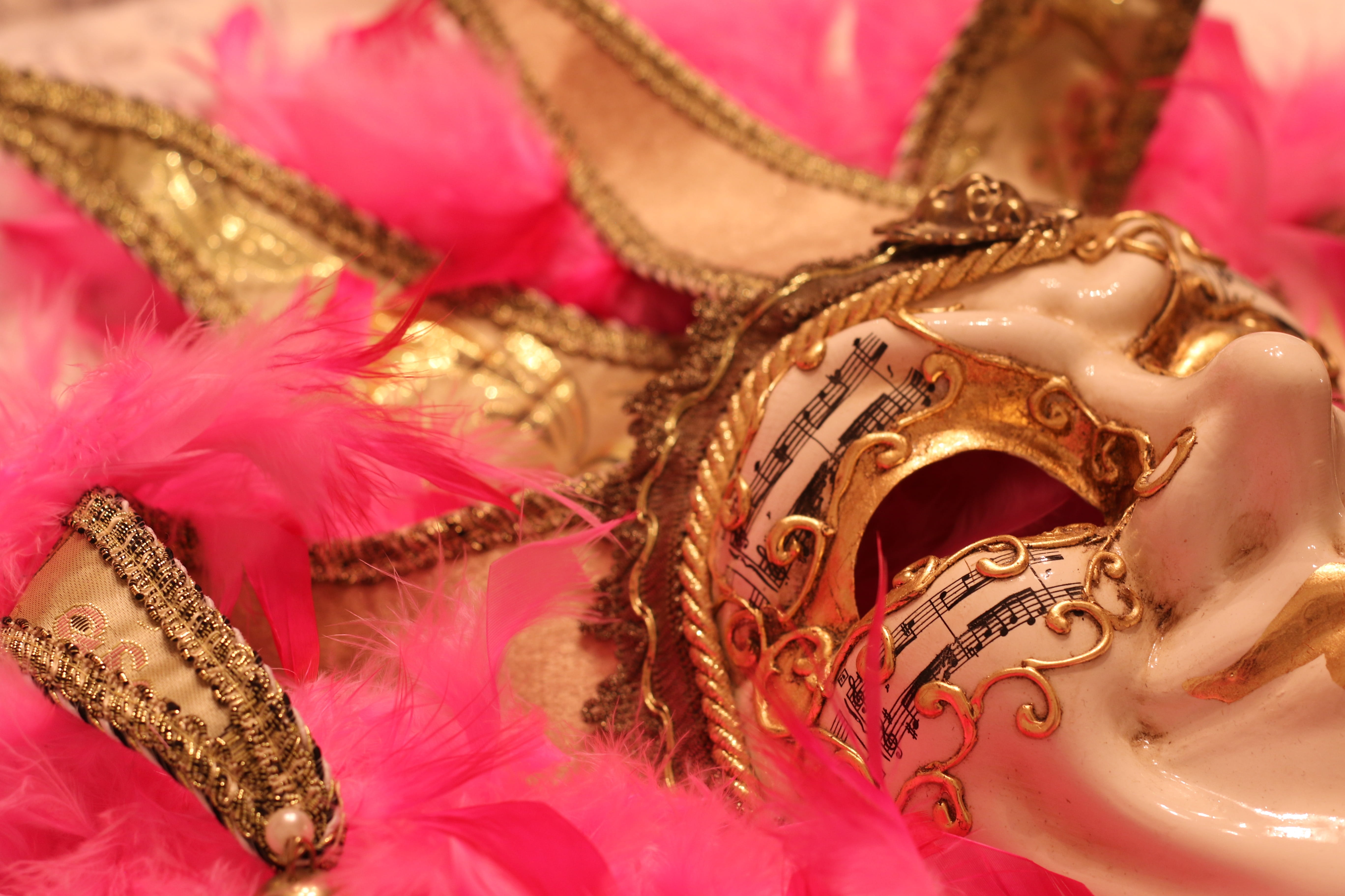 costume, feather, mask, mask - disguise, no people, event, celebration, eye mask, indoors, close-up, pink color, carnival - celebration event, gold colored, HD Wallpaper