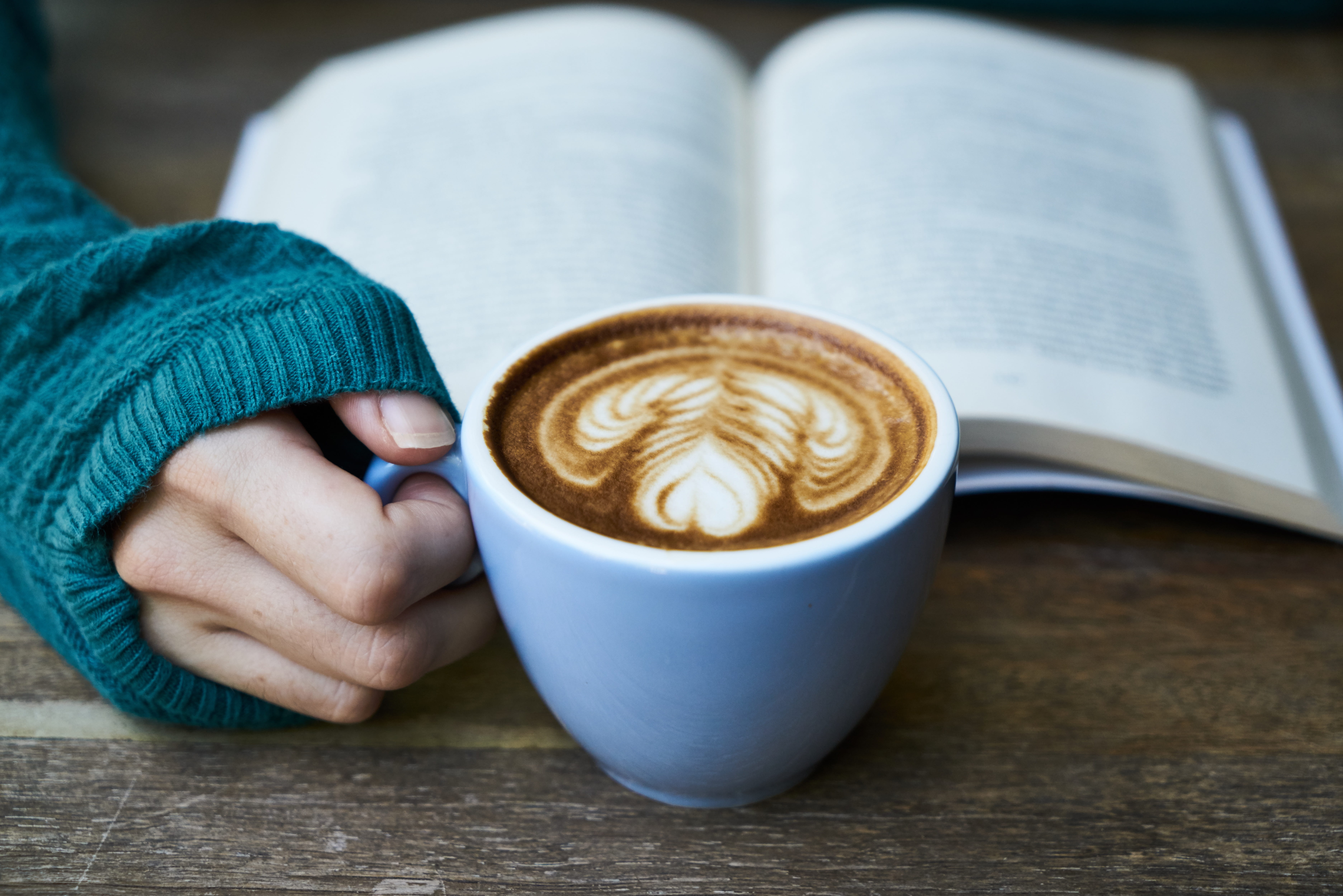 latte art, book, crockery, drinking, cup, coffee - drink, drink, indoors, beverage, one person, 5K, refreshment, coffee, coffee cup, latte, hot drink, HD Wallpaper