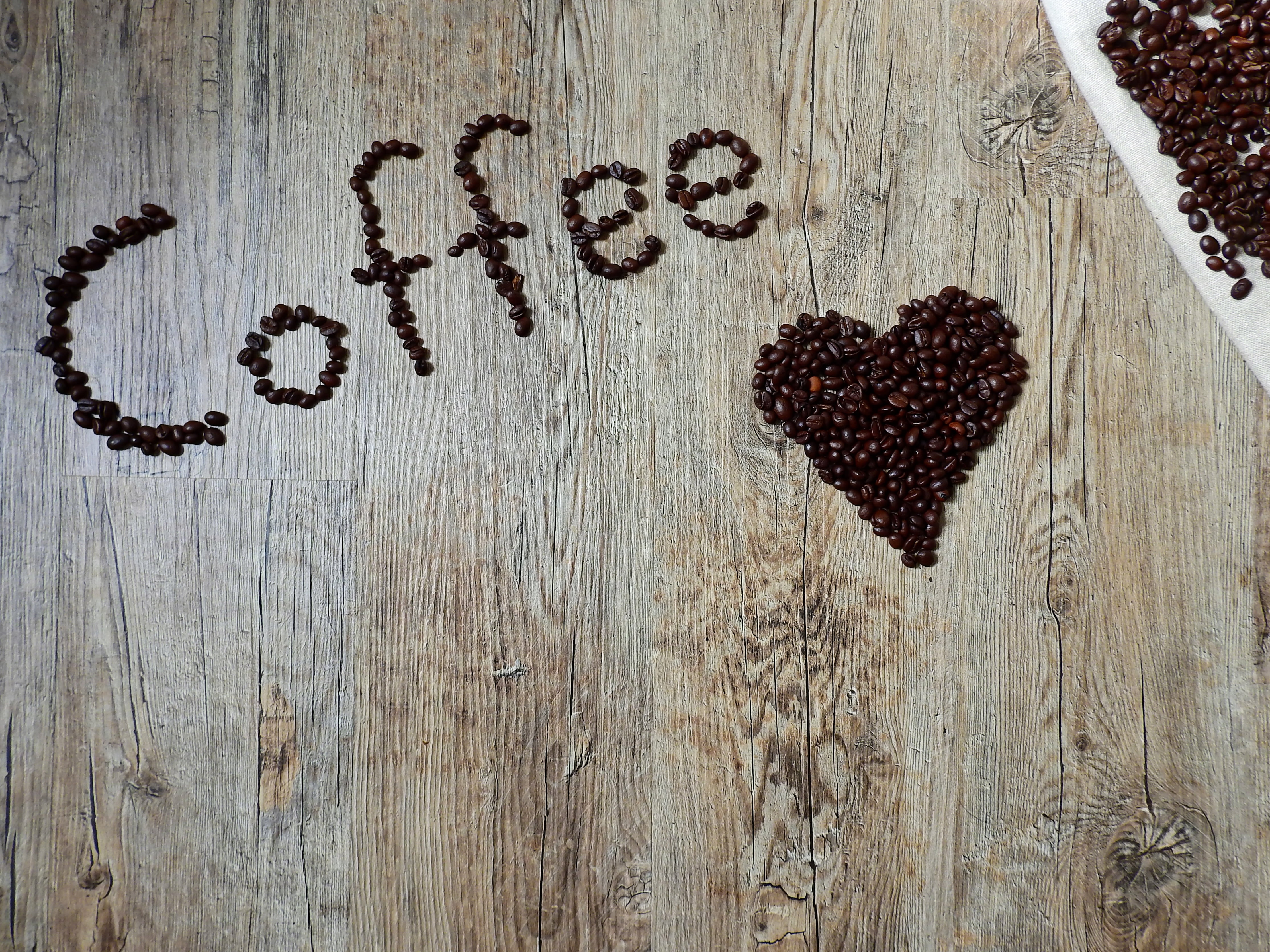 positive emotion, communication, directly above, food, roasting, wood - material, design, coffee, no people, text, bean, freshness, heart shape, beverages, HD Wallpaper