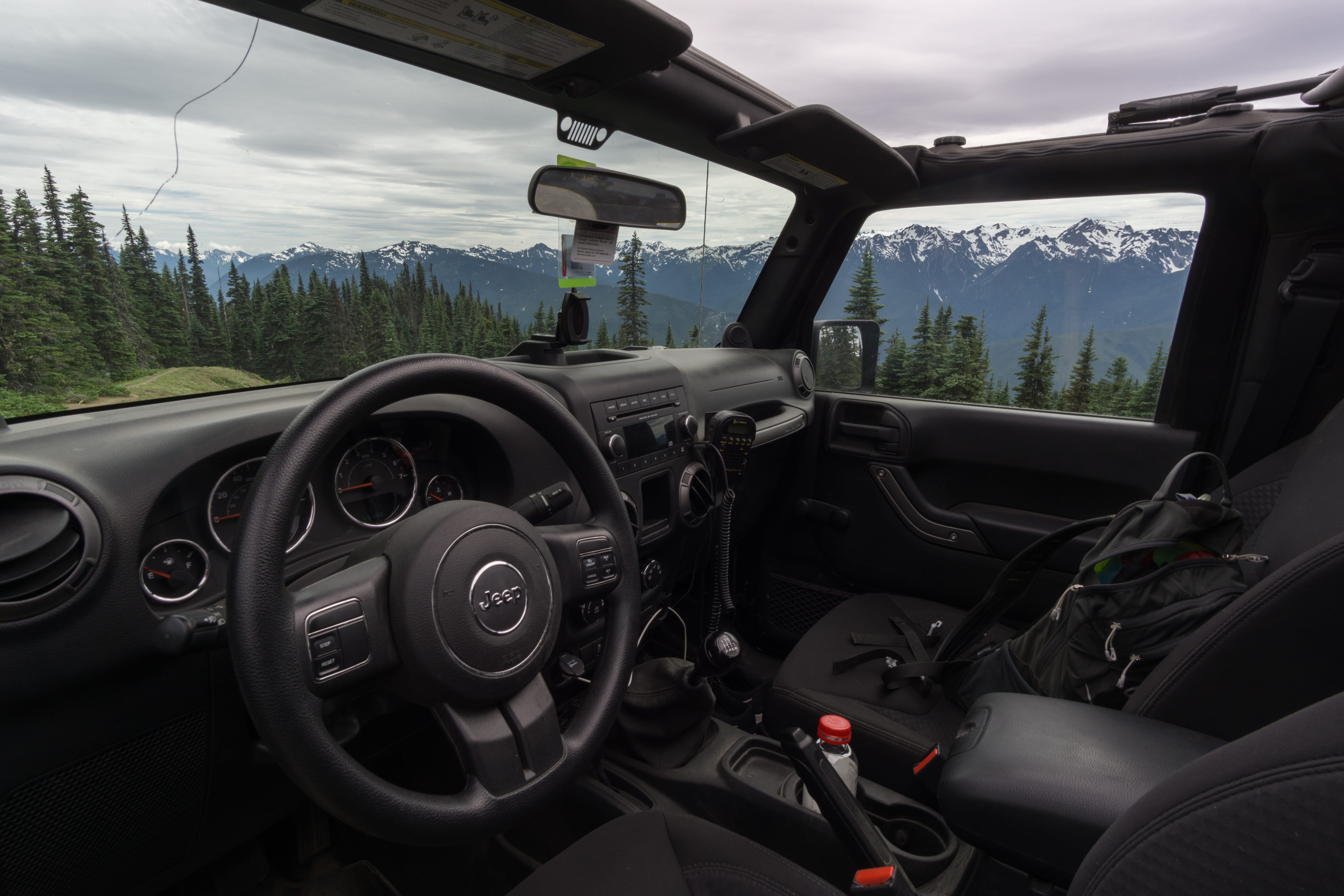 day, travel, clouds, cloud - sky, trees, no people, nature, vehicle interior, land vehicle, jeep, pnw, glass - material, 5K, scenics - nature, snow, mountains, HD Wallpaper