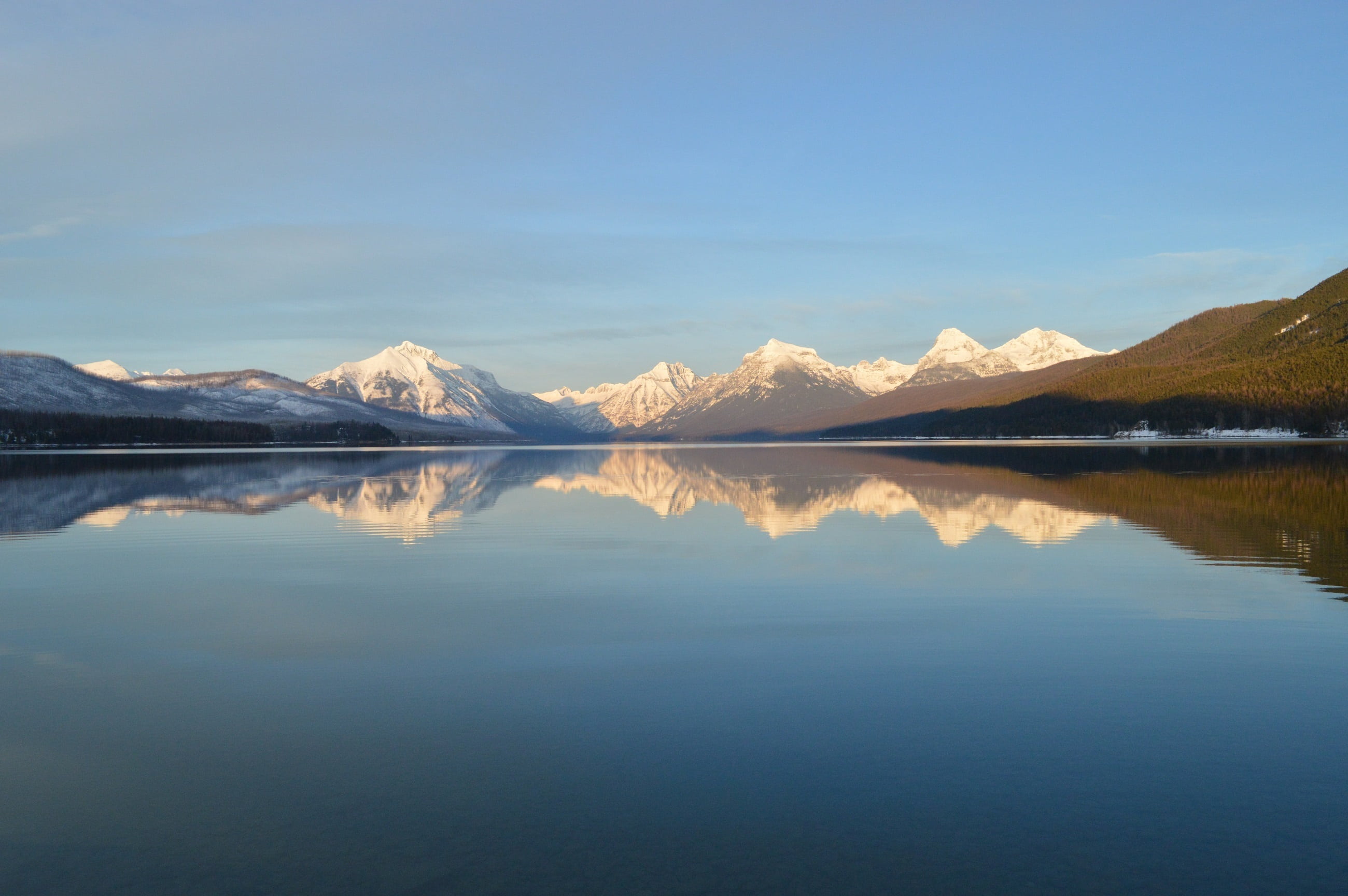 glacier national park, outdoors, daytime, scenics - nature, wilderness, scenic, lake, usa, clear, snow, covered, mountain range, skyline, cold temperature, HD Wallpaper