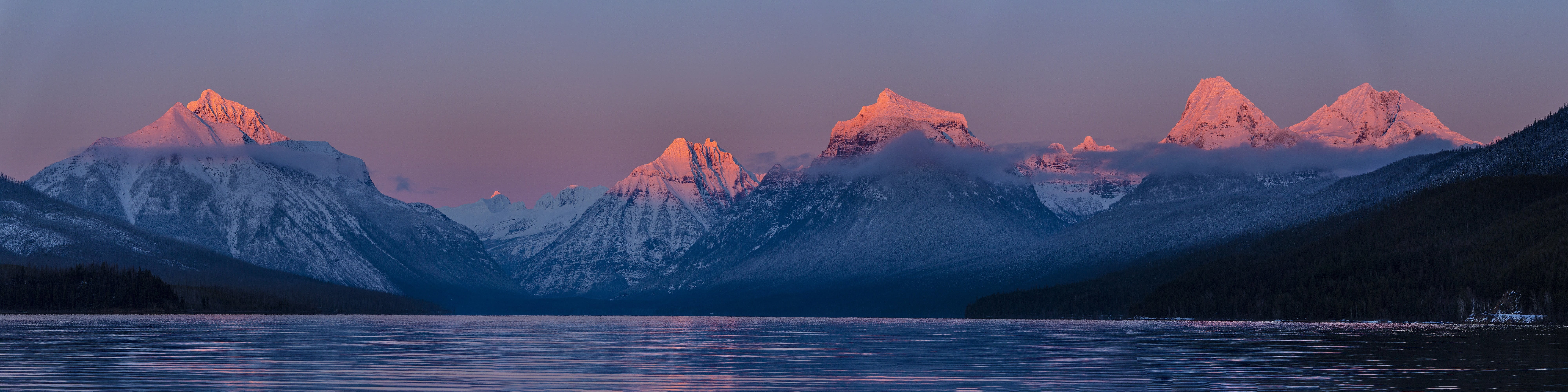 water, panoramic, dusk, cold temperature, scenics - nature, mountain peak, peak, photo, montana, ice, lake mcdonald, skyline, nature, glacier national park, HD Wallpaper