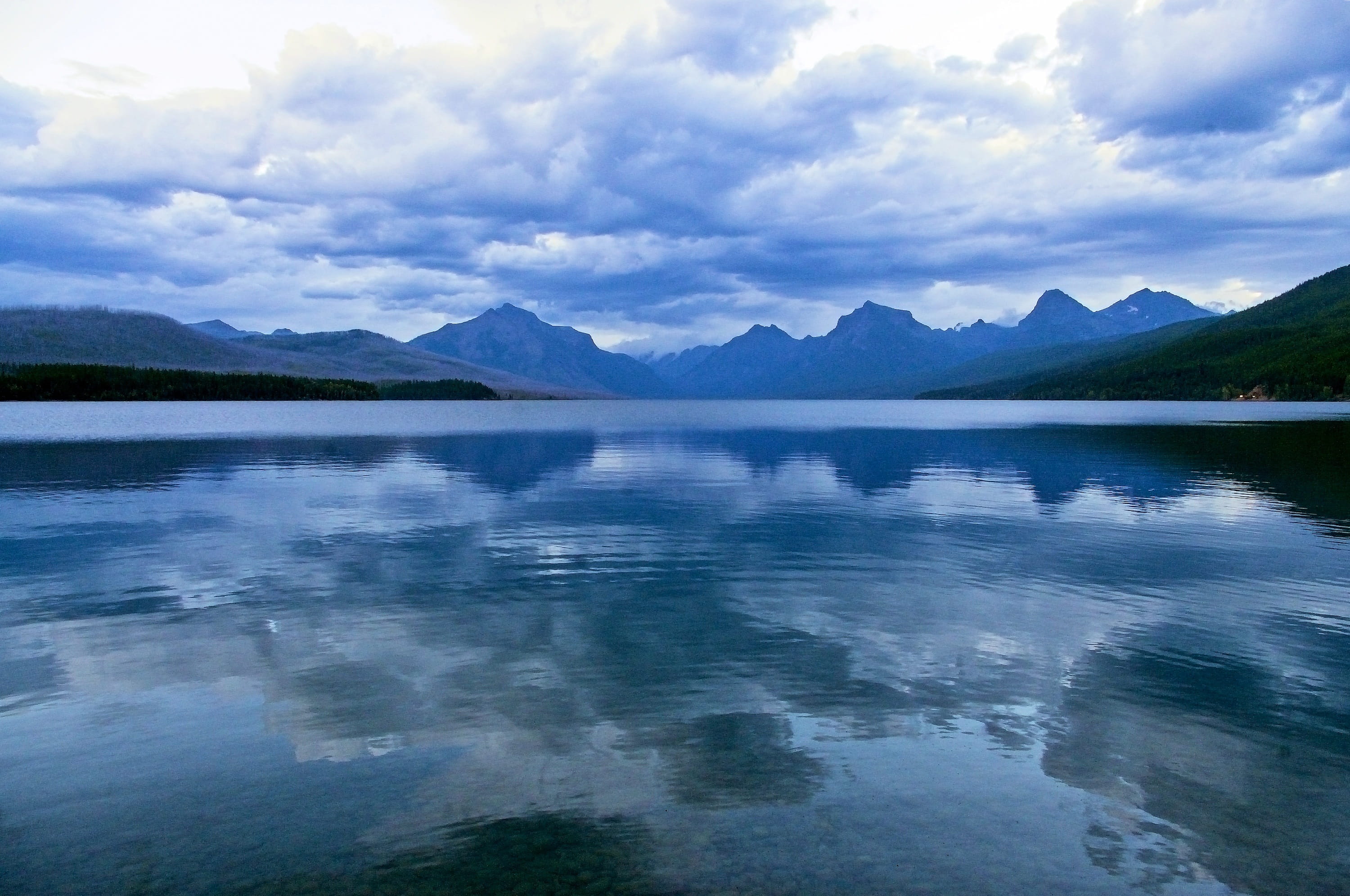 park, mountain, reflection, tranquil scene, non-urban scene, water, skyline, clouds, mountain range, dark, nature, scenic, glacier national park, montana, HD Wallpaper