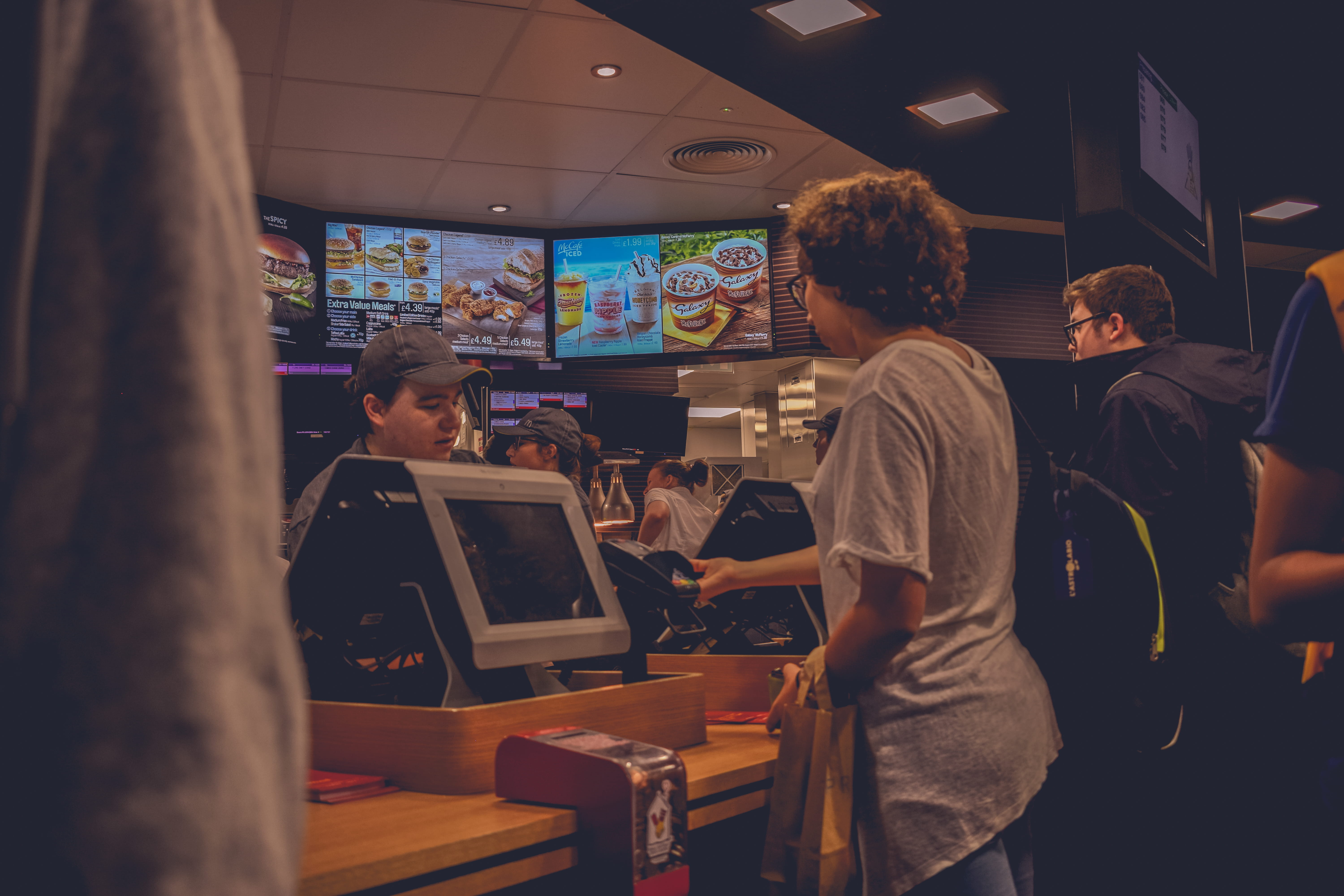 restaurant, working, fastfood, colors, rear view, indoors, standing, neon, sitting, business, food and drink, adult, occupation, women, wireless technology, HD Wallpaper