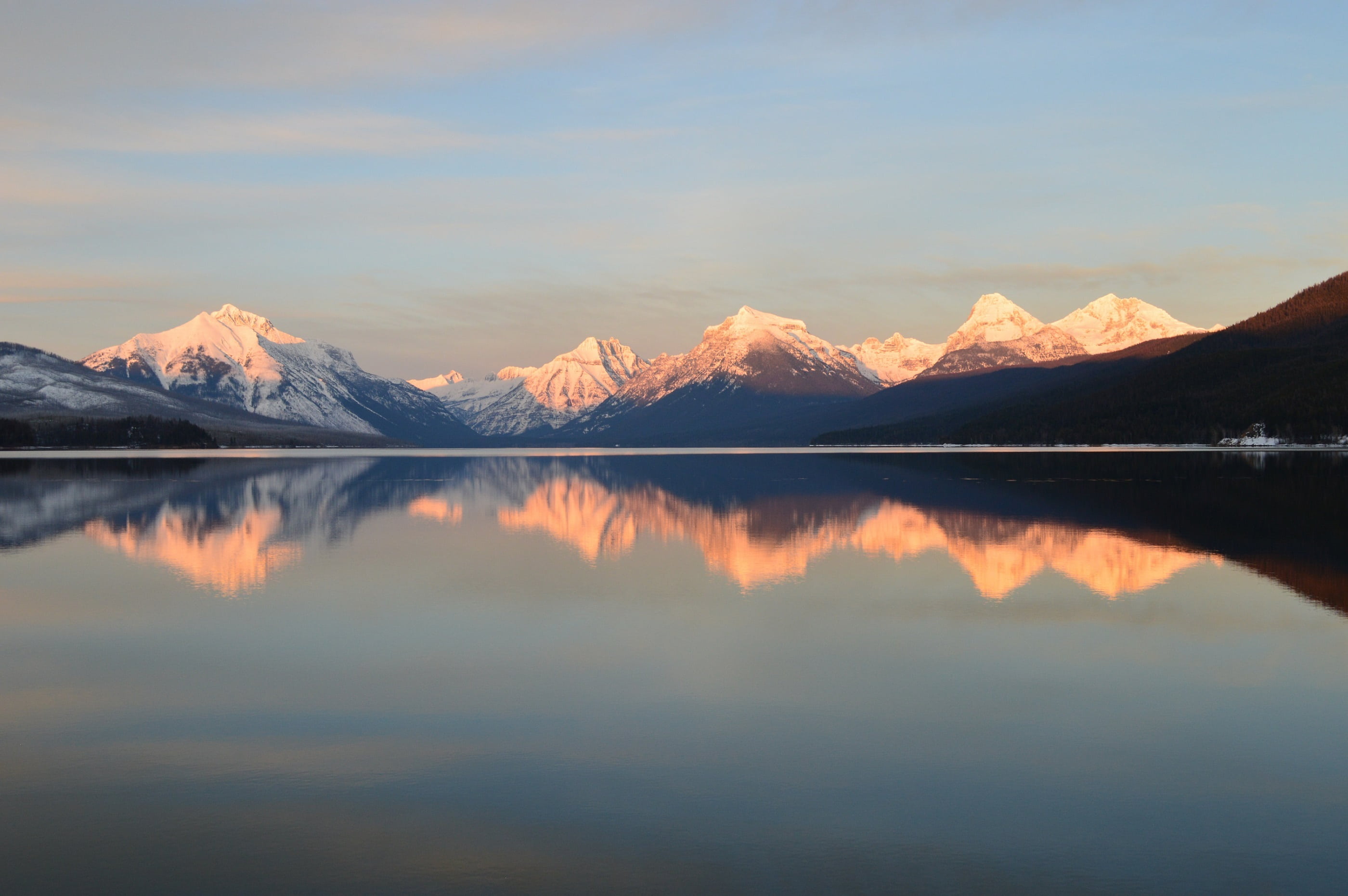 tranquil scene, usa, symmetry, view, landscape, lake mcdonald, environment, scenic, peaks, skyline, mountain range, mountain, non-urban scene, beauty in nature, HD Wallpaper