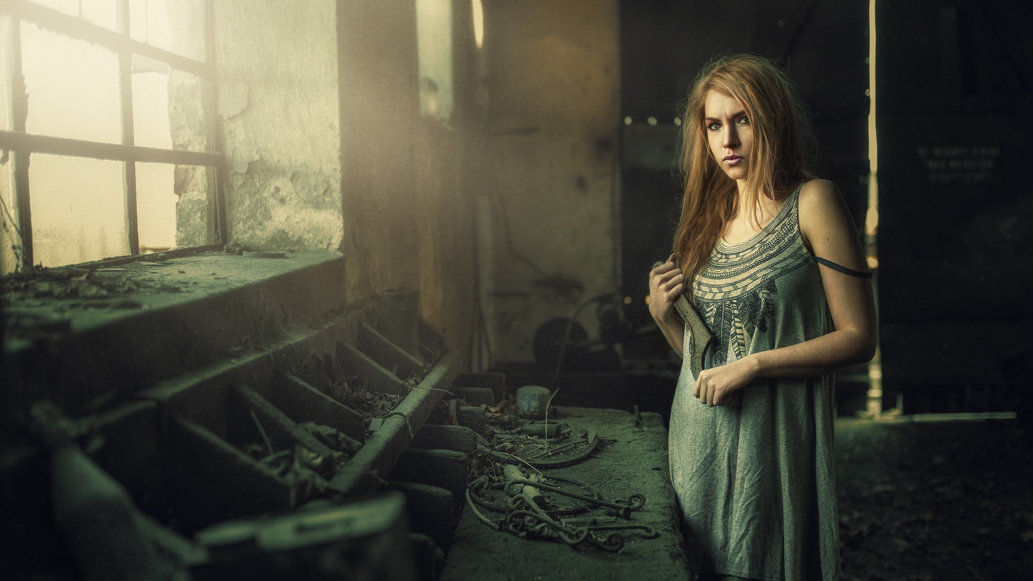 ruin, 1080P, urban decay, industrial, women, model, HD Wallpaper
