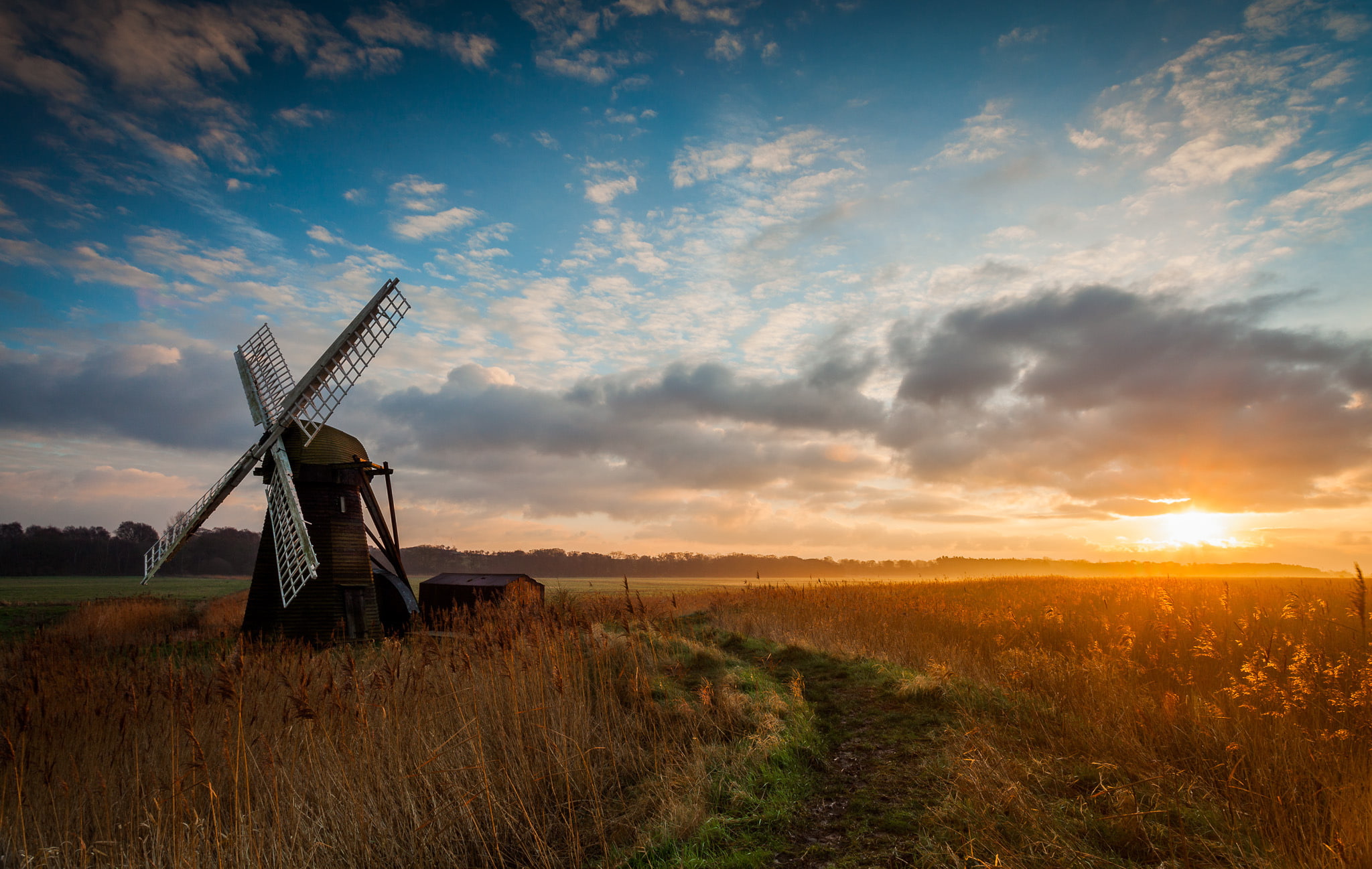 brown, sunrise, wind, white, field, morning, 1080P, mill, HD Wallpaper