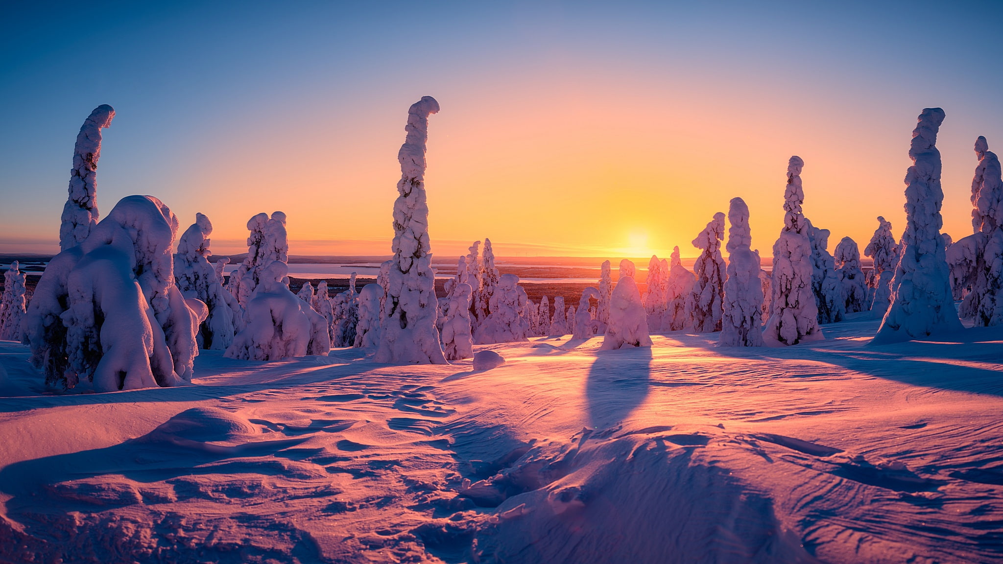 Riisitunturi National Park, the evening, 1080P, winter, sunset, Finland, HD Wallpaper