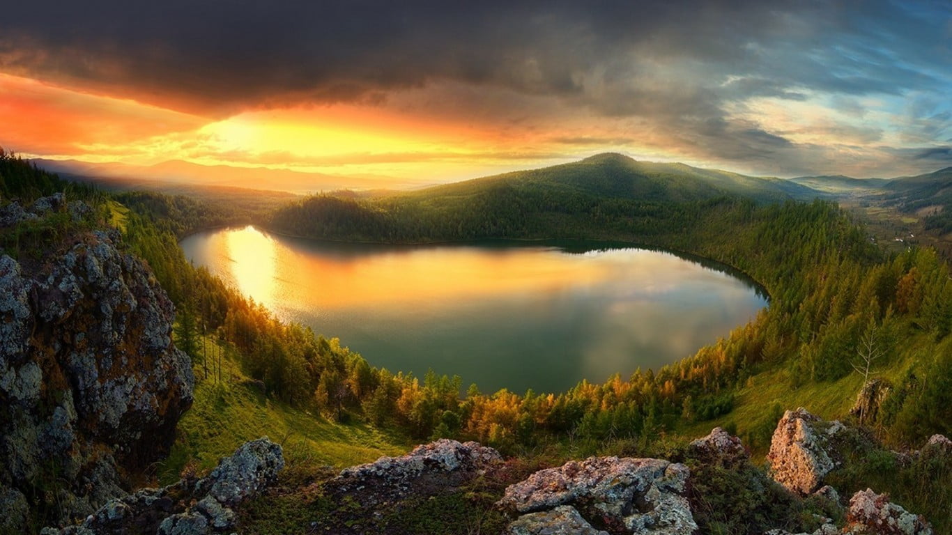 lake, cloud - sky, water, tranquil scene, non-urban scene, landscape, plant, no people, sunset, coniferous tree, aerial, nature, mountain, environment, HD Wallpaper