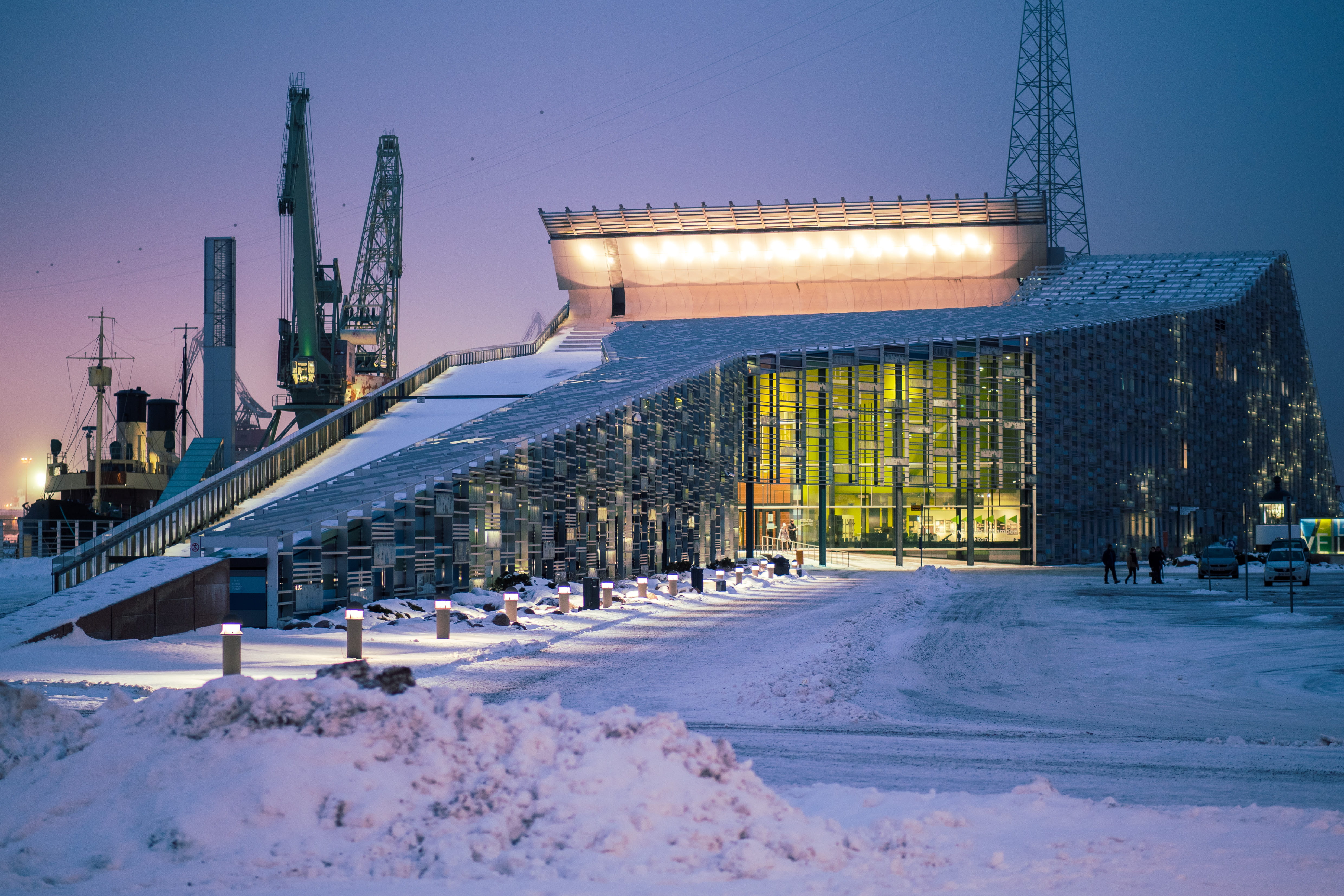 dusk, concrete, snow, illuminated, kotka, 4K, human, bridge - man made structure, nature, waterfront, urban, night, person, industry, transportation, built structure, HD Wallpaper