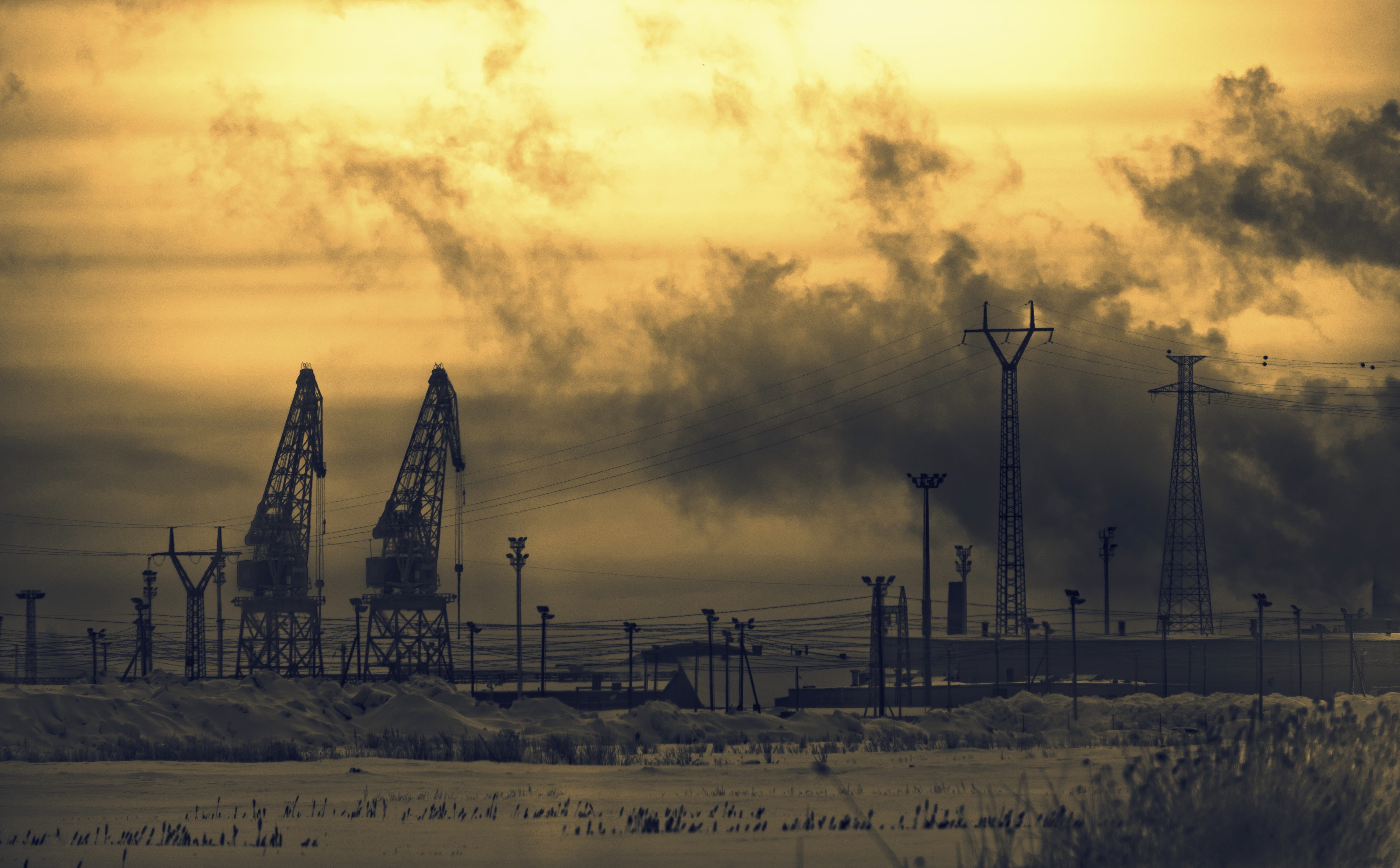 Line, sunset, Cranes, technology, built structure, smoke stack, construction industry, Snow, Finland, air pollution, beauty in nature, Crane, cold temperature, HD Wallpaper