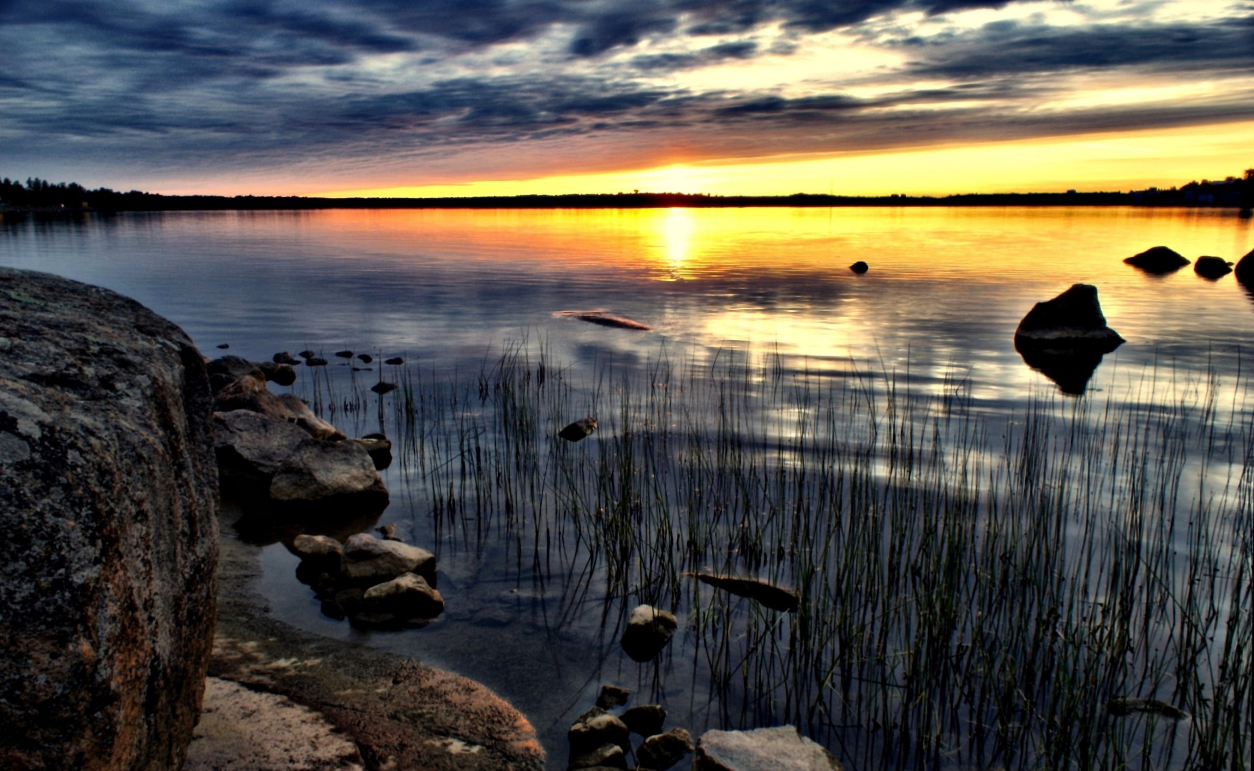 rock - object, beauty in nature, solid, Southern, sunrise, reflection, tranquil scene, kotka, sky, sunset, lake, rock, Lakes, non-urban scene, orange color, HD Wallpaper