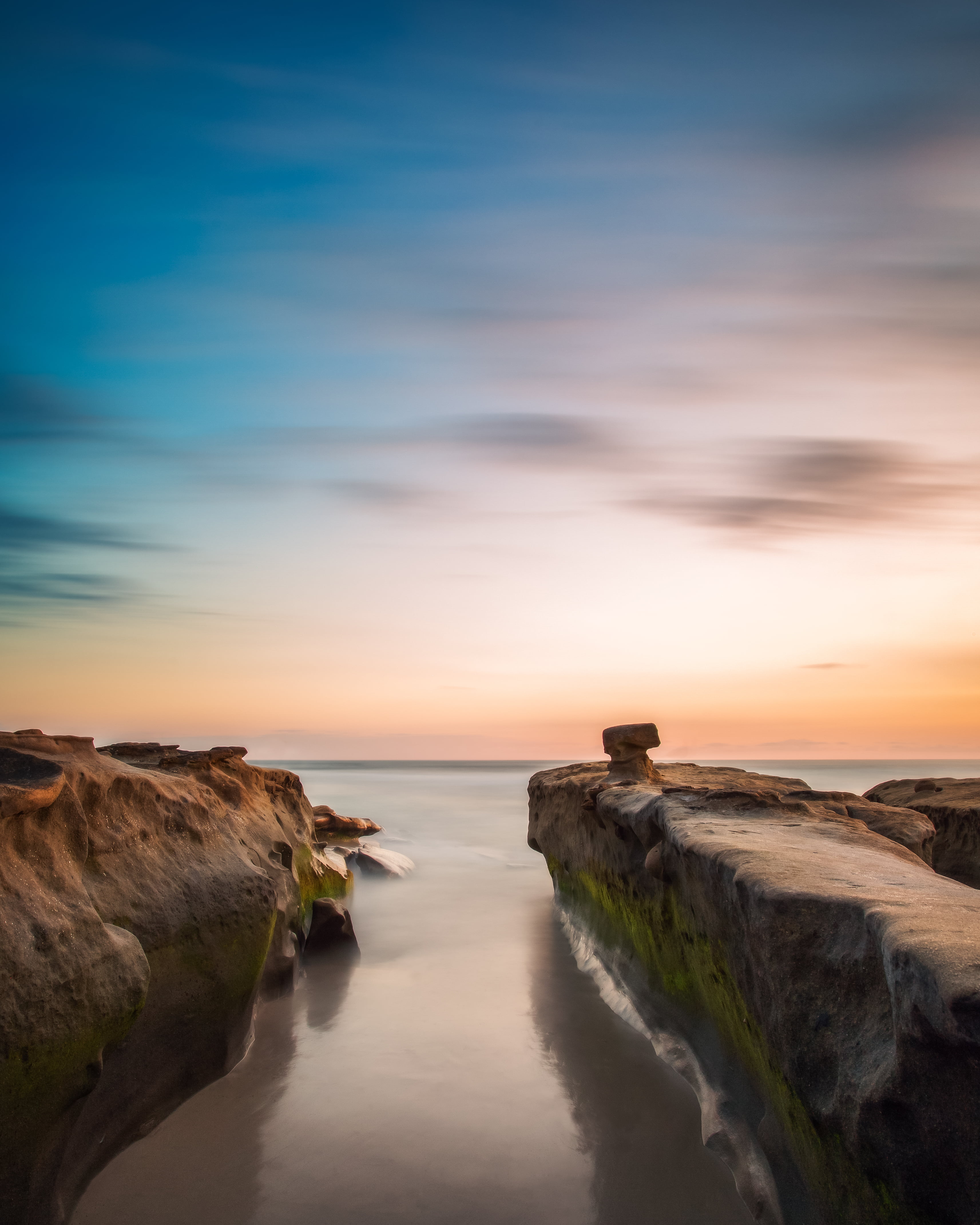 Ocean, Long Exposure, mark 3, sunset, Beach, Coast, nature, Simple, la, Waves, rock formation, brown, coastline, white rock, white, Cloud, sky, rock, dusk, Phone HD Wallpaper