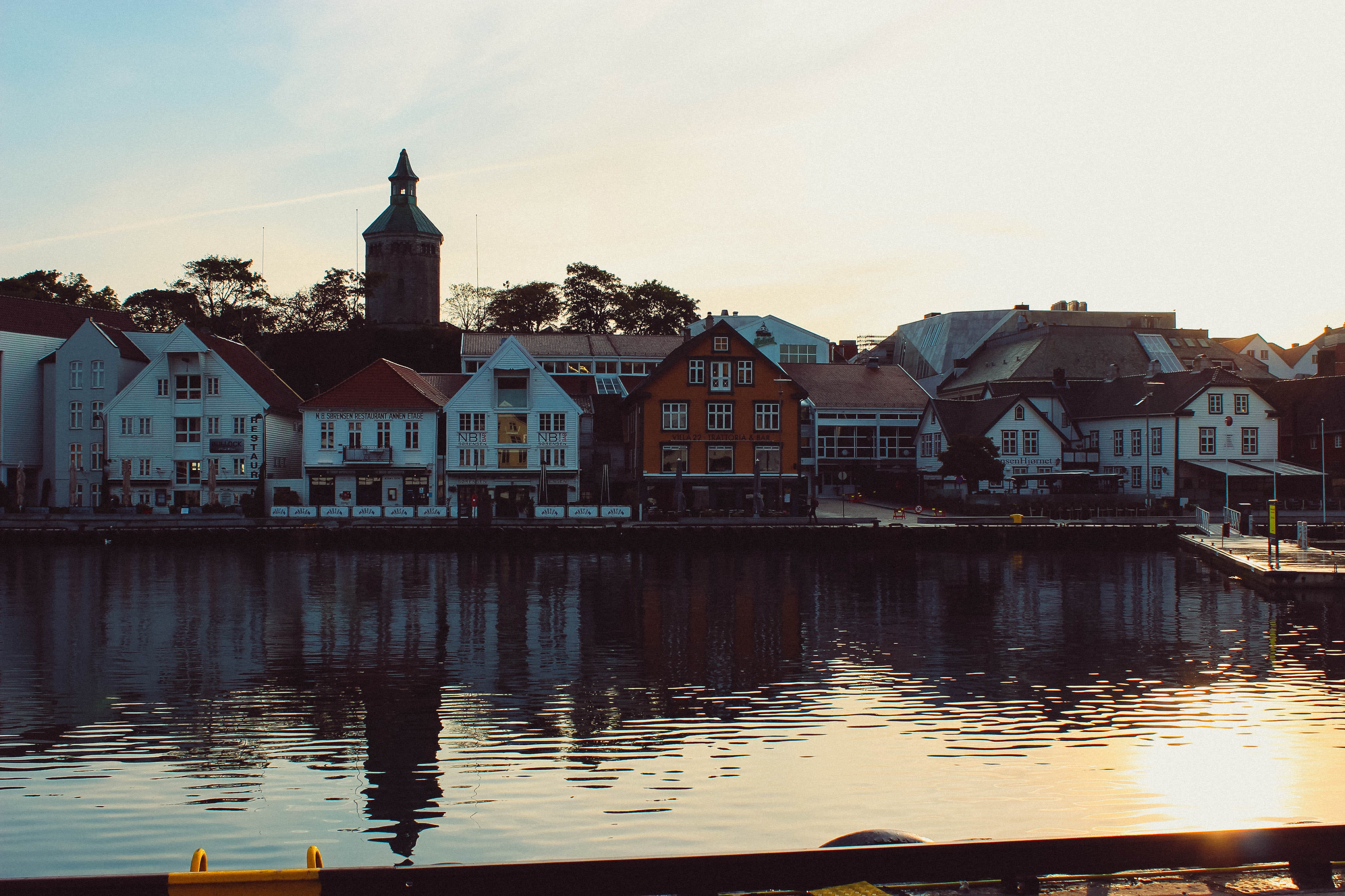 landscape, mood, winter, residential district, city, pier, sky, church, light, dusk, reflection, architecture, nature, 5K, building exterior, sunset, cloud - sky, HD Wallpaper