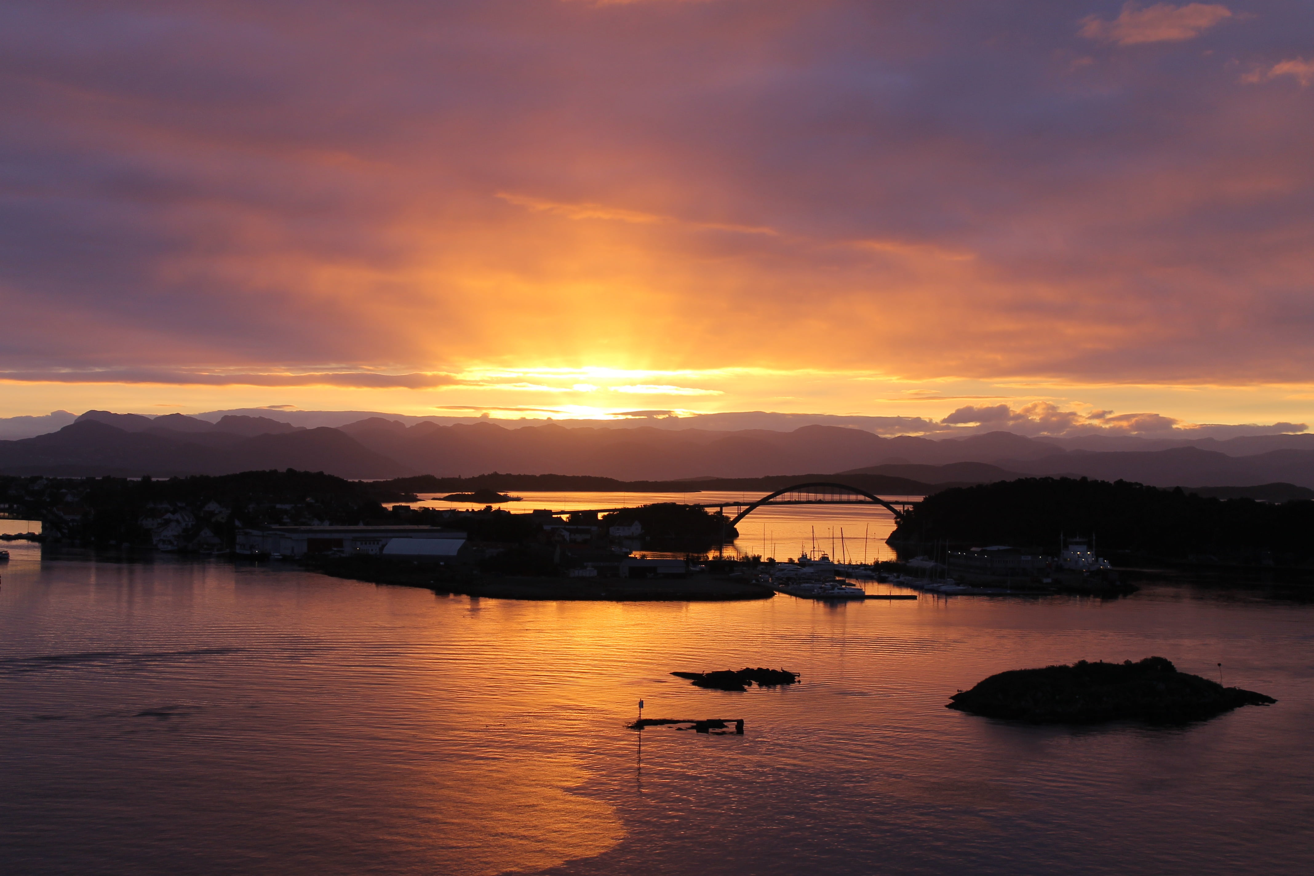 lake, no people, outdoors, scenics - nature, sunset, cloud - sky, port, stavanger, orange color, beauty in nature, norway, bridge, silhouette, tranquil scene, HD Wallpaper