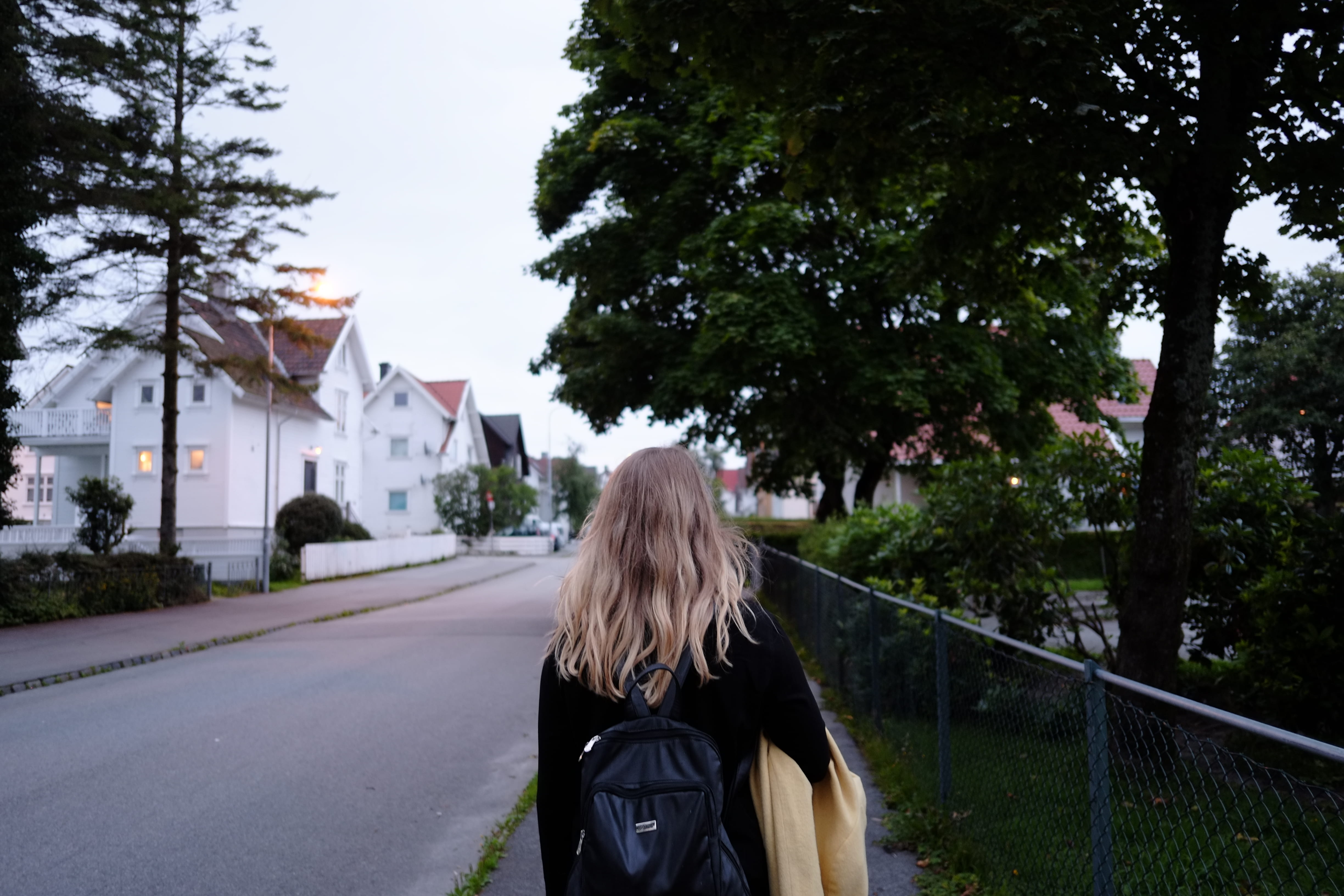 tree, sidewalk, girl, standing, hair, one person, architecture, norway, springtime, outdoors, road, building, adult, beside, pavement, street, walking, HD Wallpaper
