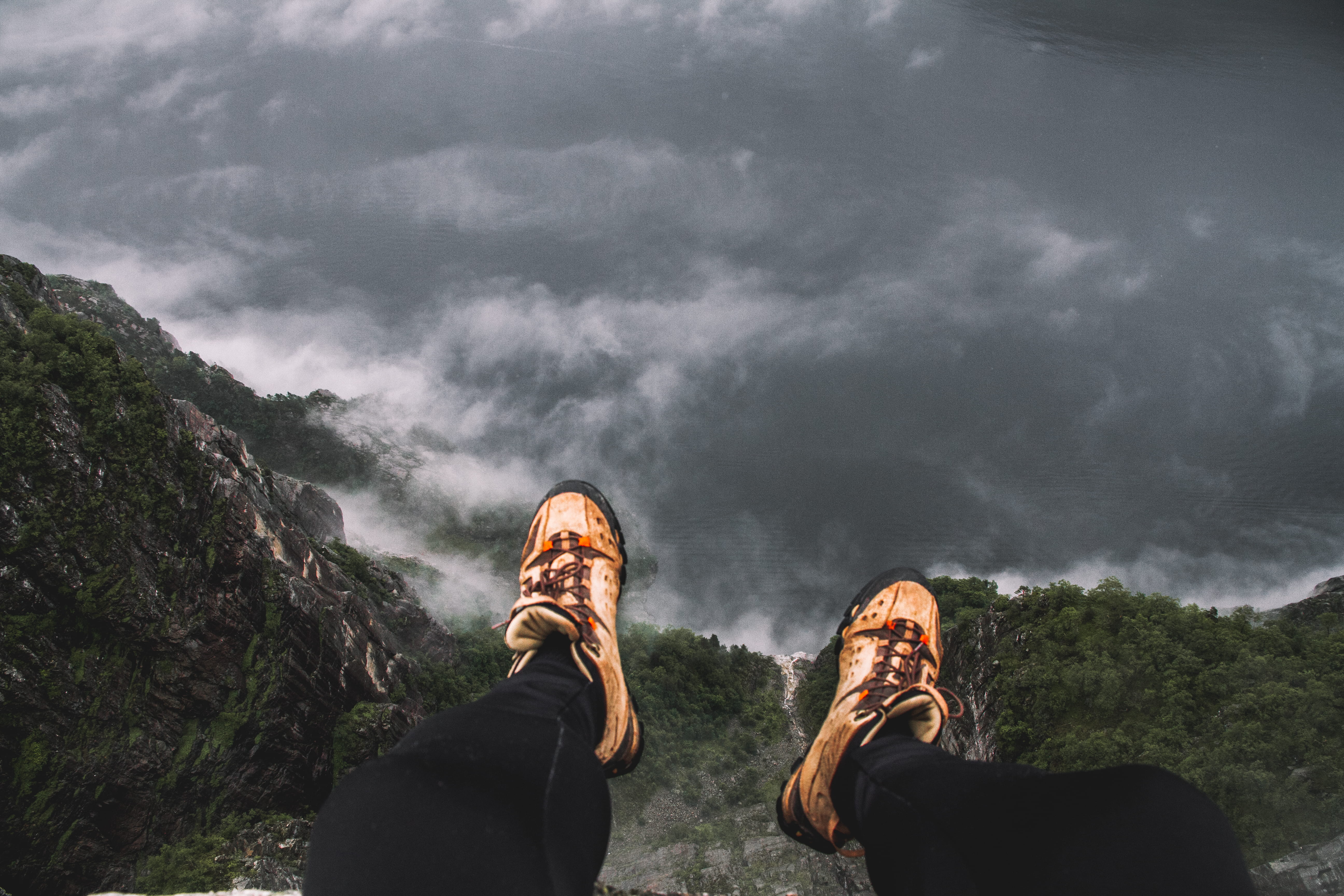 high, pulpit rock, fjord, scenics - nature, personal perspective, fall, vertigo, lifestyles, human leg, leisure activity, low section, people, stavanger, HD Wallpaper