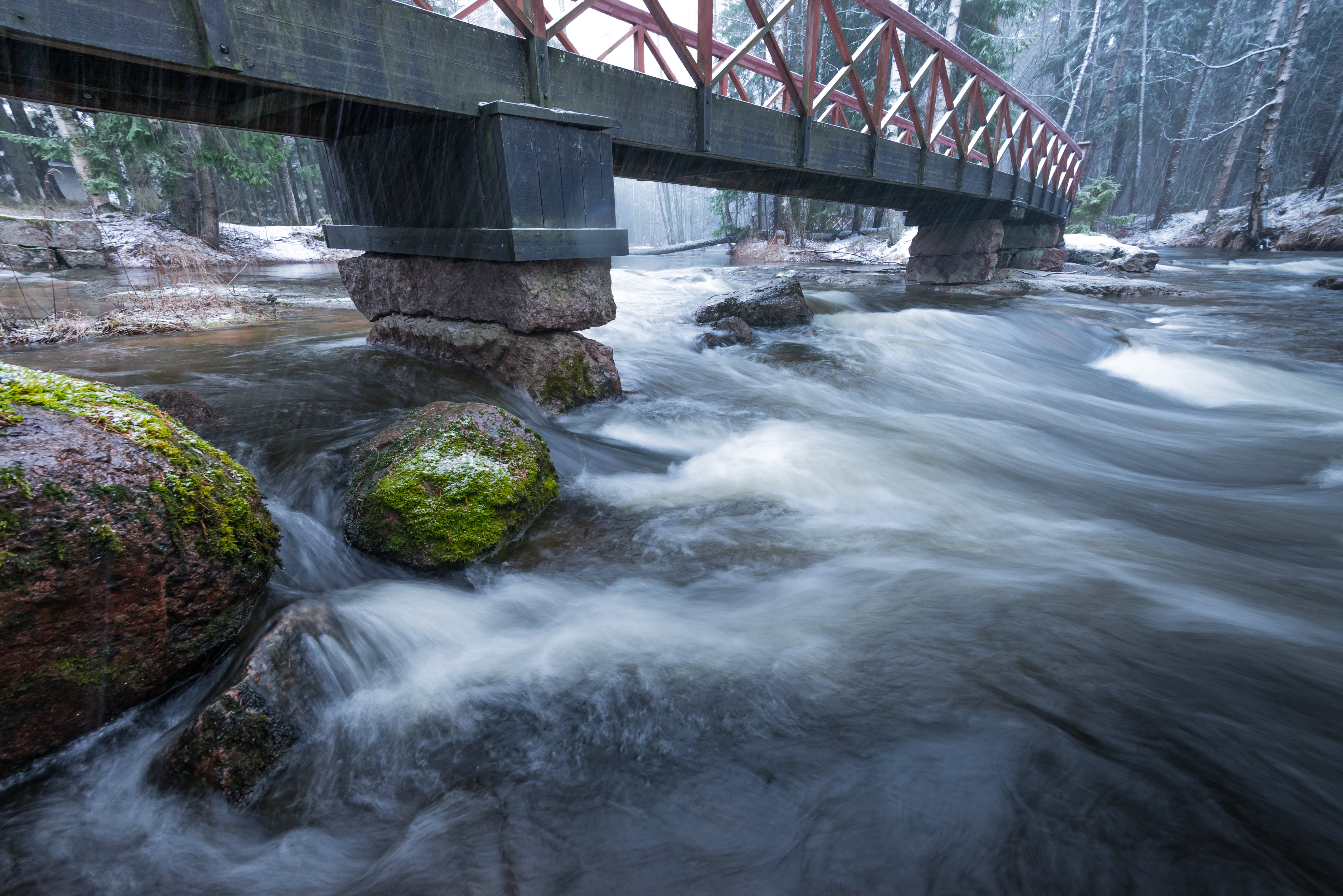 daytime, stream, Snowfall, rapids, forest, 35mm, water, 5K, concrete, rocks, nikkor, winter, black, waterfall, nature, bridge, bridge - Man Made Structure, HD Wallpaper