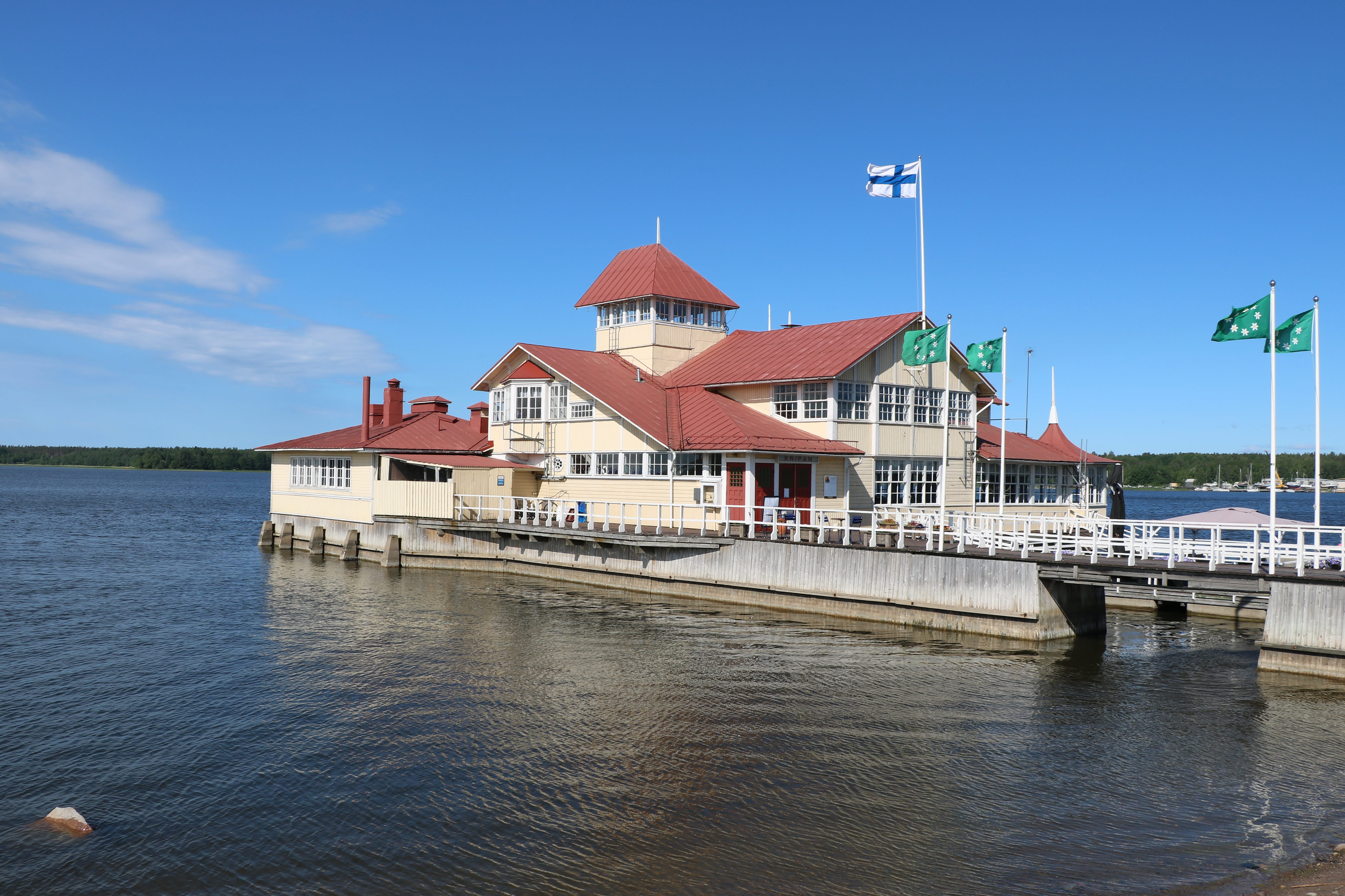 flag of finland, landscape, cloud - sky, restaurant knipan, finnish, blue, transportation, 5K, sea, summer, architecture, river, tourism, nature, water, HD Wallpaper