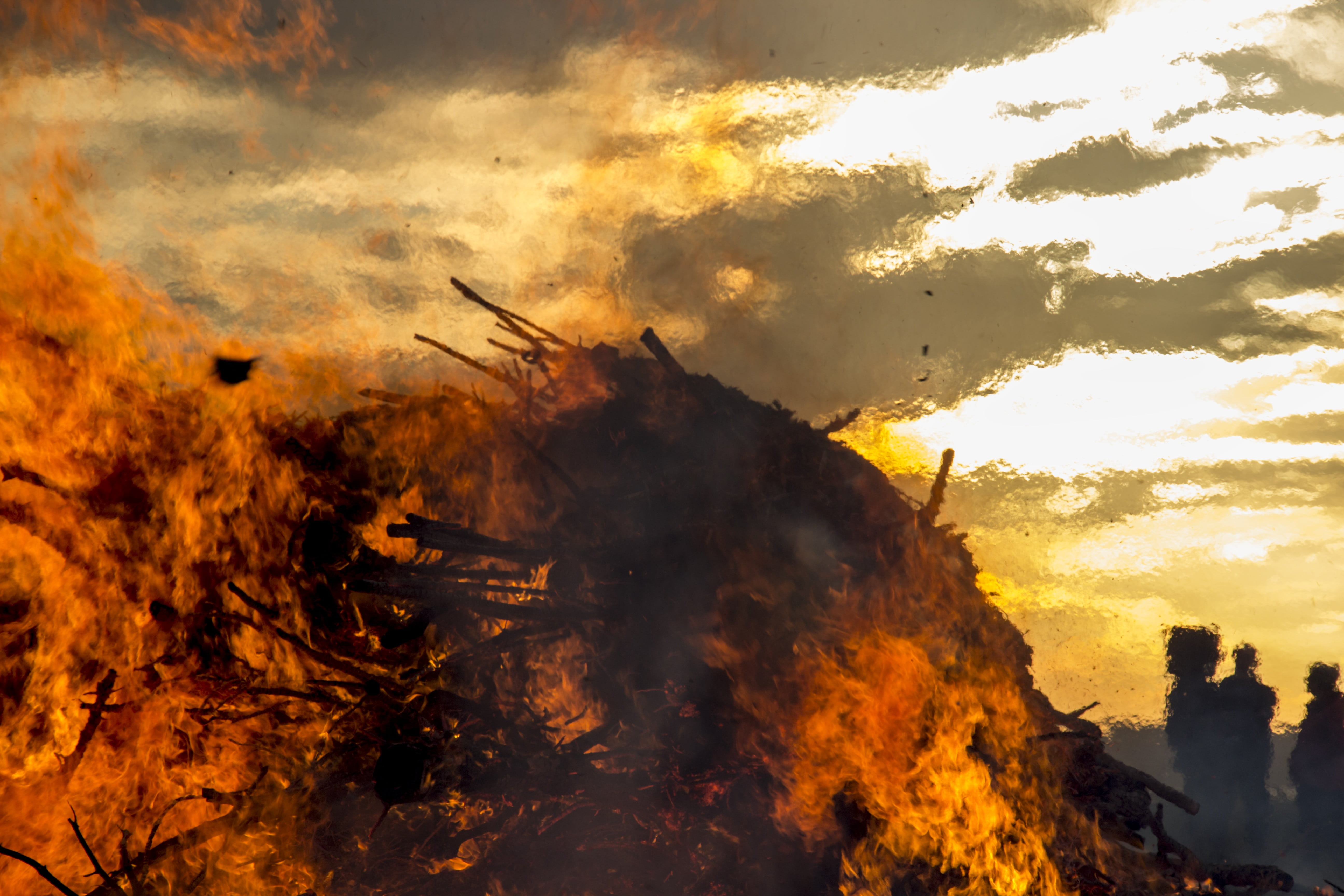 fire, outdoors, orange, environment, orange color, cloud - sky, peace, heat, romantic, nature, bonfire, smoke - physical structure, sunset, red, plant, HD Wallpaper