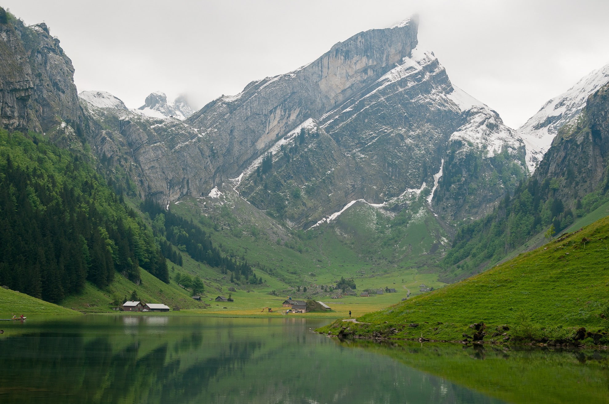 river, 1080P, Switzerland, mountains, trees, rock formation, valley, snowy peak, HD Wallpaper