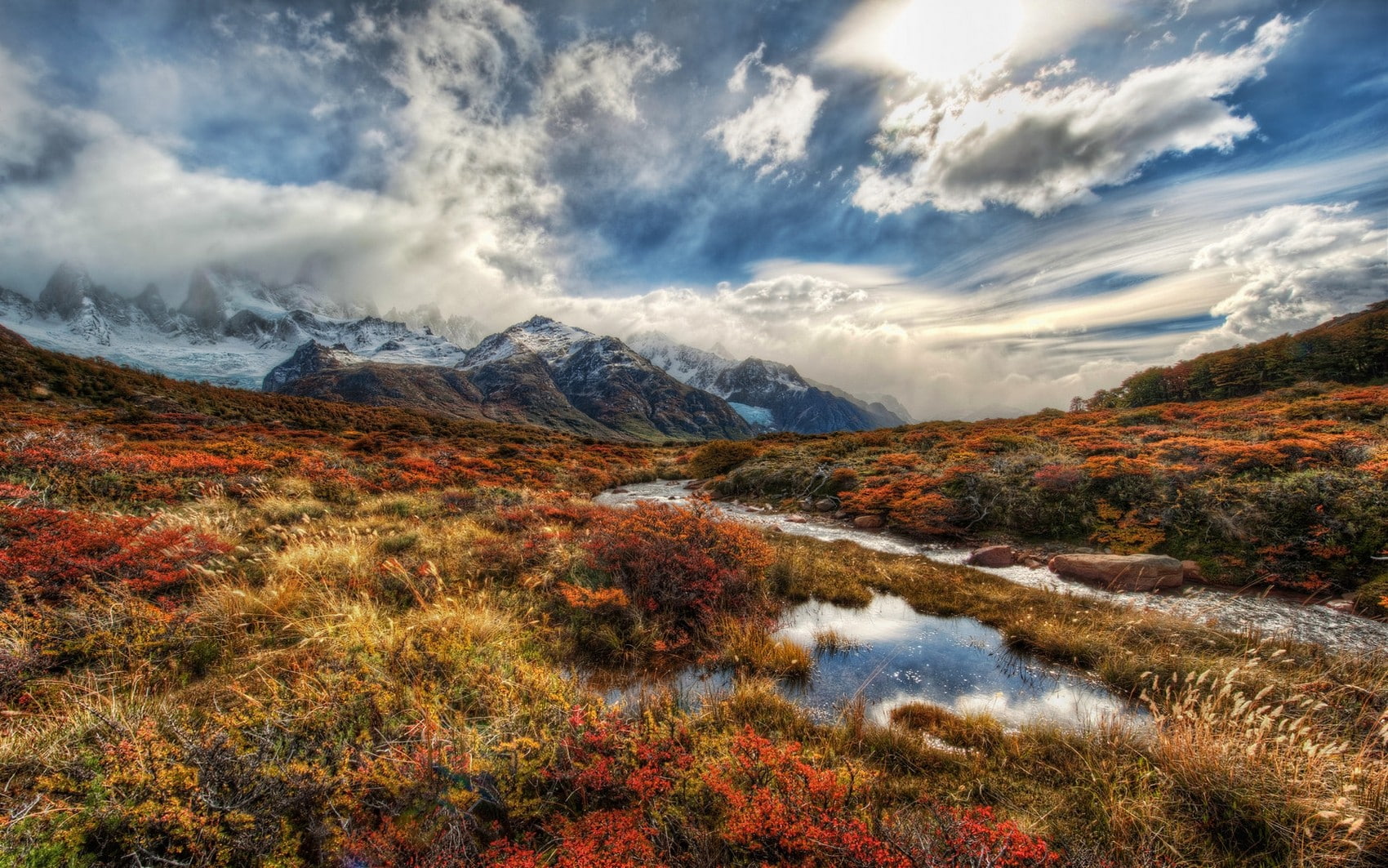 clouds, river, mountains, nature, shrubs, Argentina, sky, fall, 720P, landscape, snowy peak, HD Wallpaper