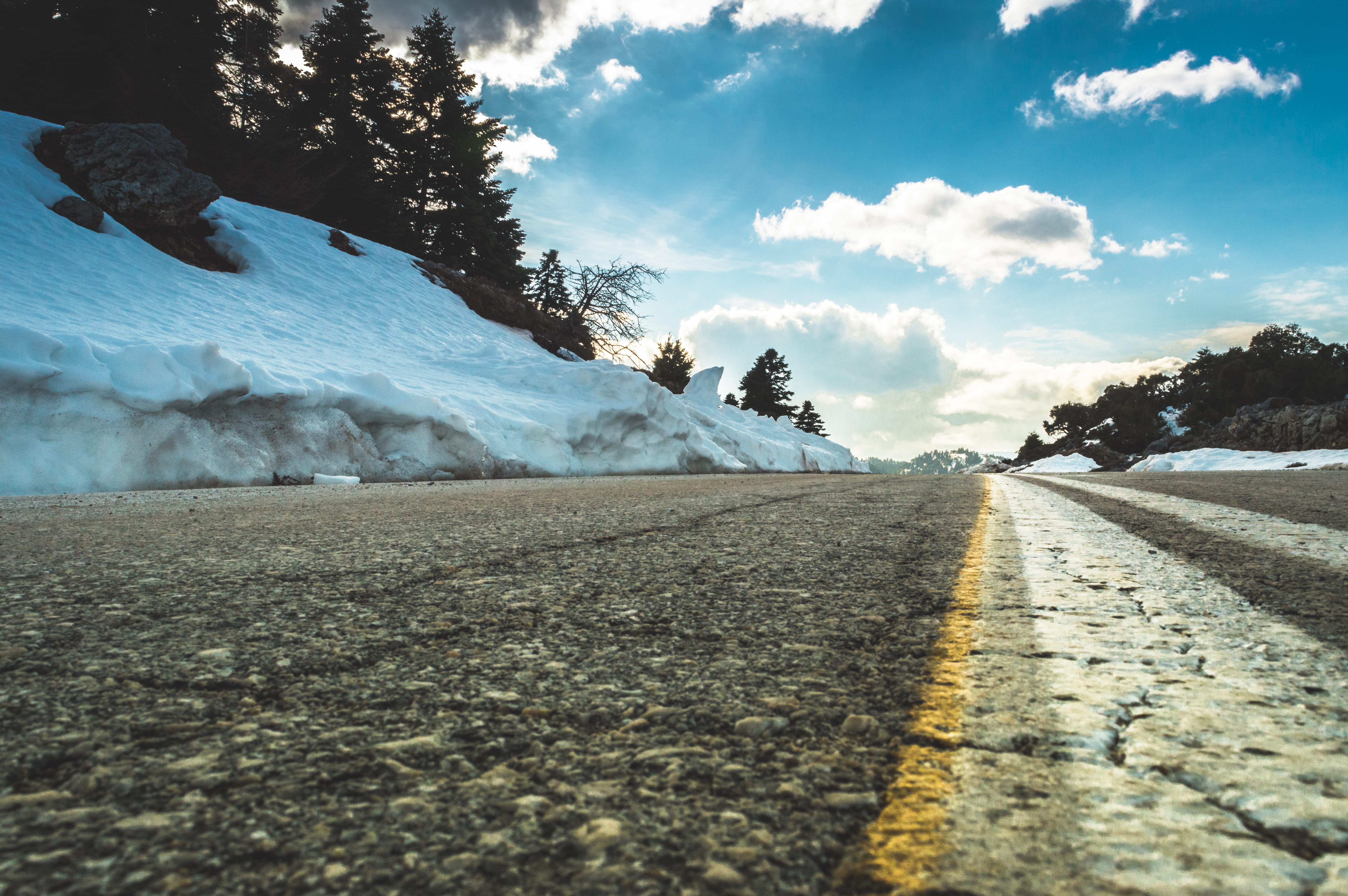 scenics - nature, transportation, village, cold temperature, diminishing perspective, street, direction, greece, 5K, clouds, landscape, road, day, beauty in nature, HD Wallpaper