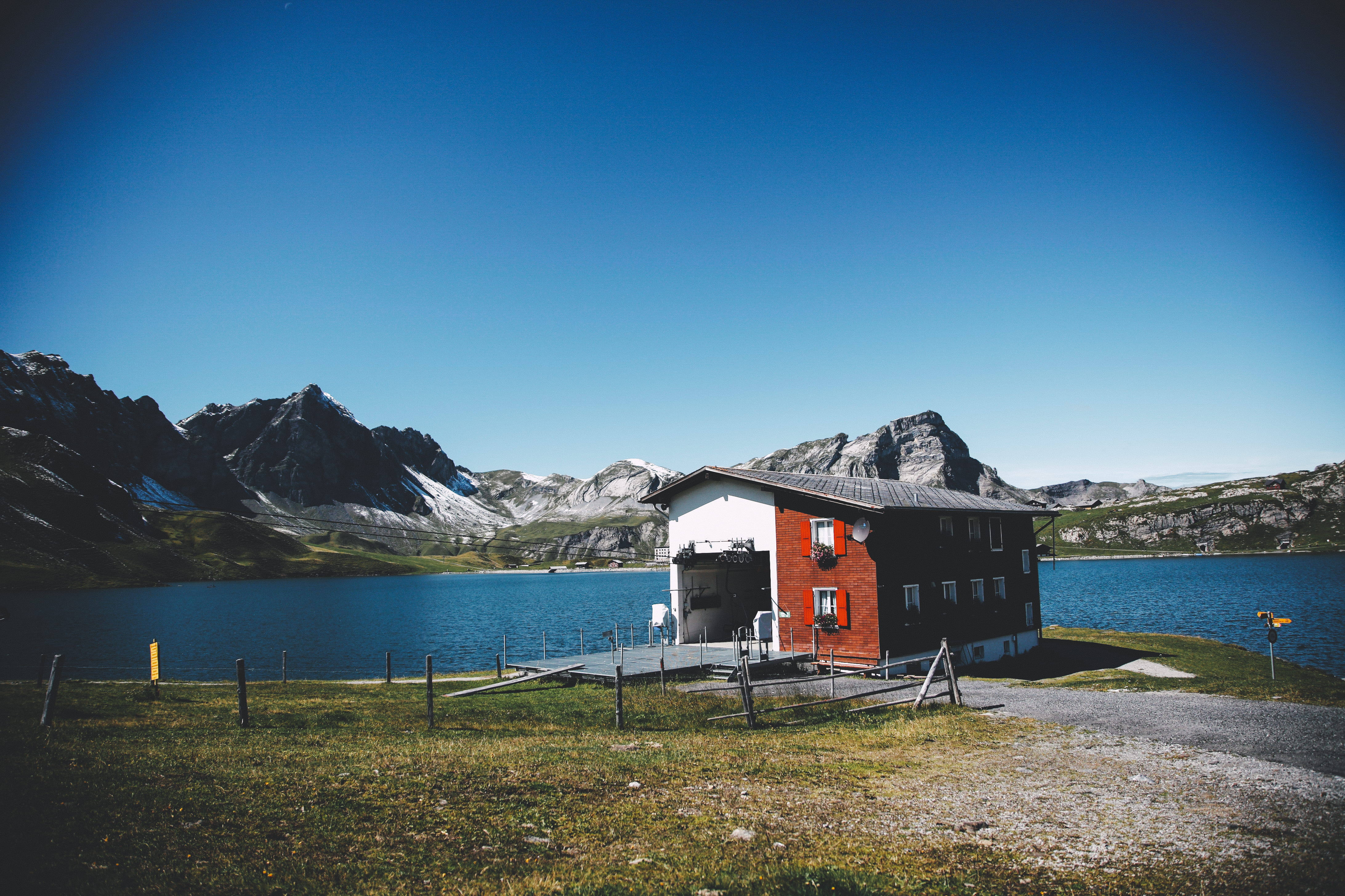 panoramic, hut, landscape, ice, 4K, copy space, tranquil scene, no people, sky, lake, mountain, body, mountain range, rural, obwalden kerns, building, HD Wallpaper