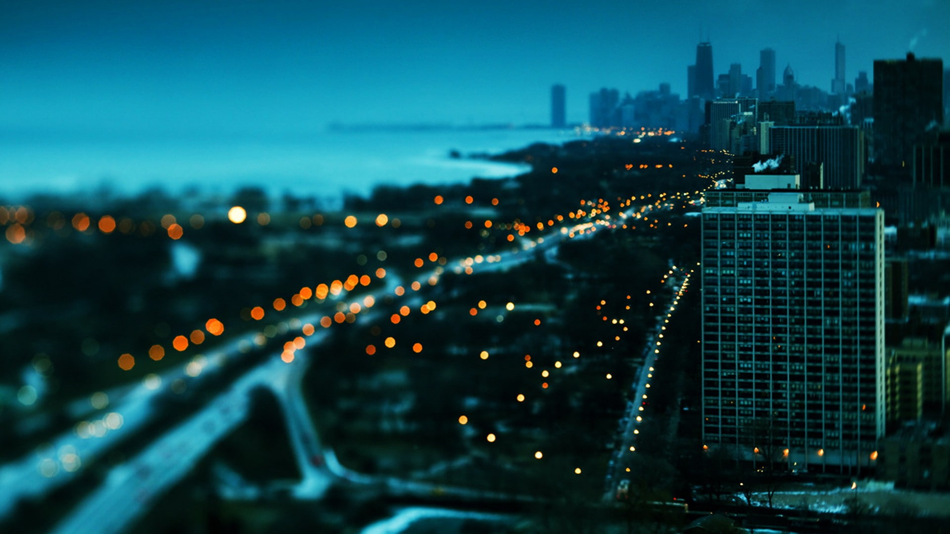 lake, skyscrapers, cityscapes, shore, chicago, sunset, 1080P, towns, drive, bokeh, HD Wallpaper