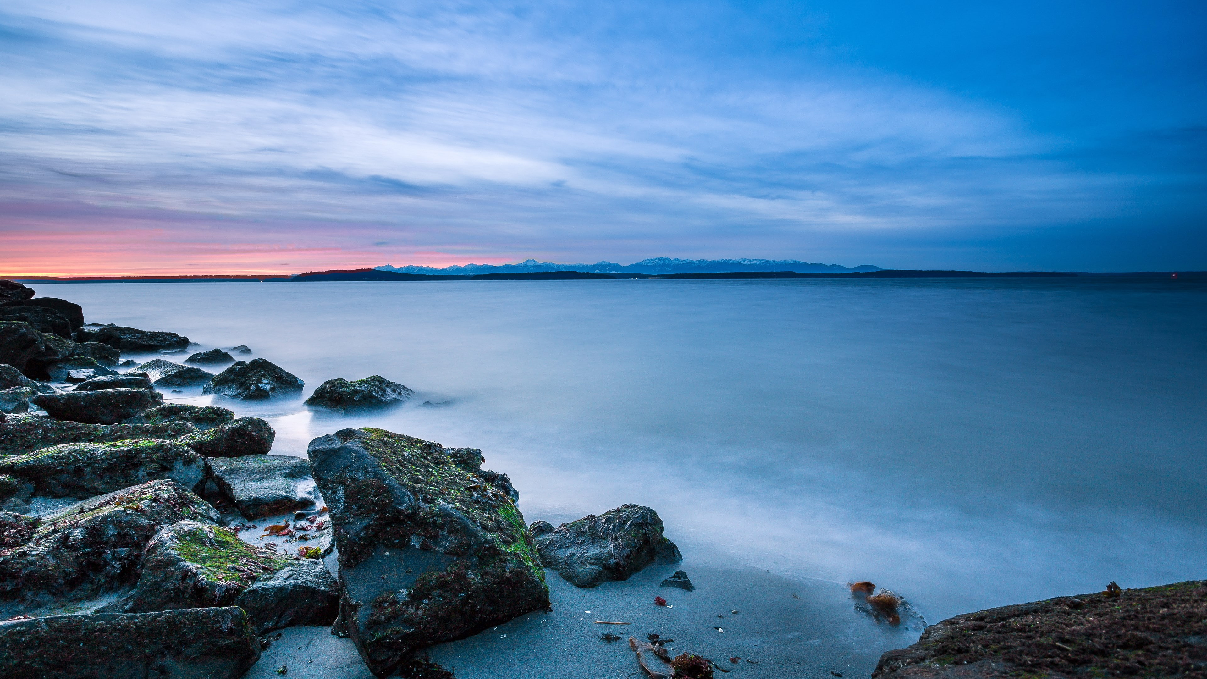outdoors, no people, tranquil scene, horizon over water, scenics - nature, rock, sunset, long exposure, sky, land, blue, tranquility, cloud - sky, nature  jpg 3840x2160, HD Wallpaper
