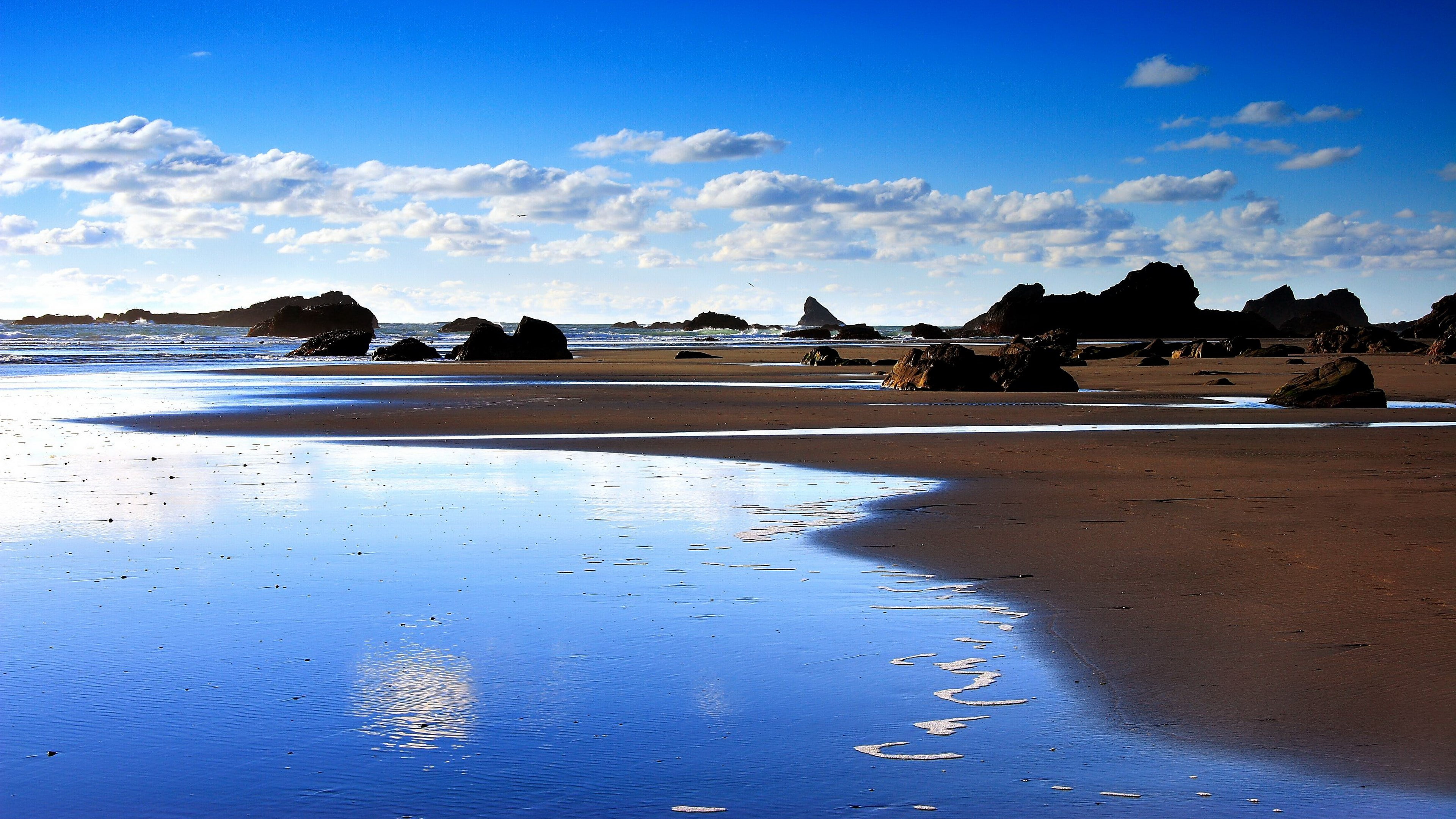 building exterior, sky, scenics - nature, no people, sand, blue, idyllic, nature  jpg 3840x2160, 4K, day, water, beach, outdoors, reflection, land, sea, HD Wallpaper