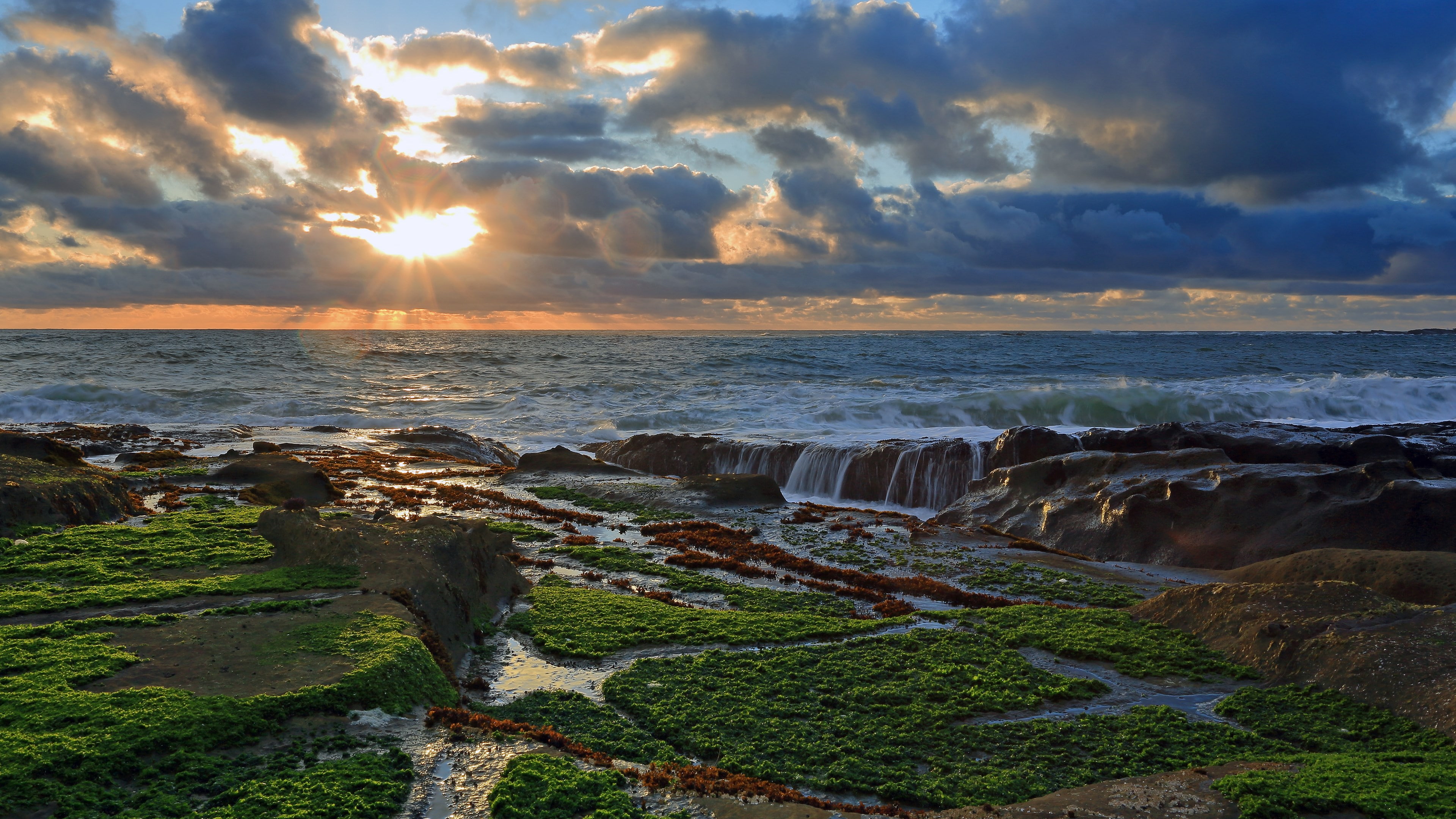 land, beach, sunset, tranquility, nature  jpg 3840x2160, sea, beauty in nature, outdoors, sunlight, no people, water, horizon over water, sky, tranquil scene, HD Wallpaper