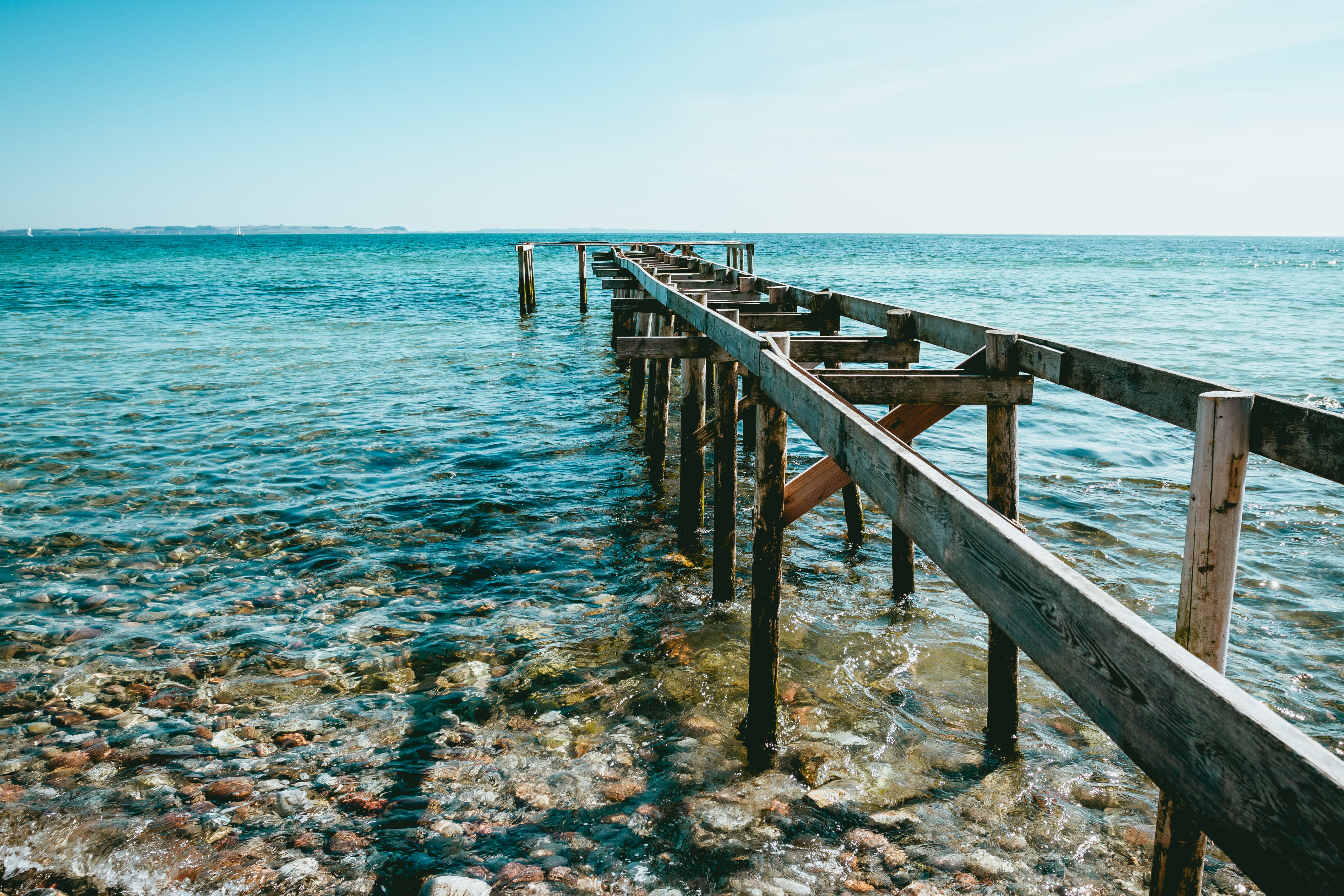 ostsee, day, sky, railing, waves, beach, wood - material, shore, idyllic, marine, steg, land, nature, summer, küste, pier, strand, 5K, islands, sun, horizon, HD Wallpaper