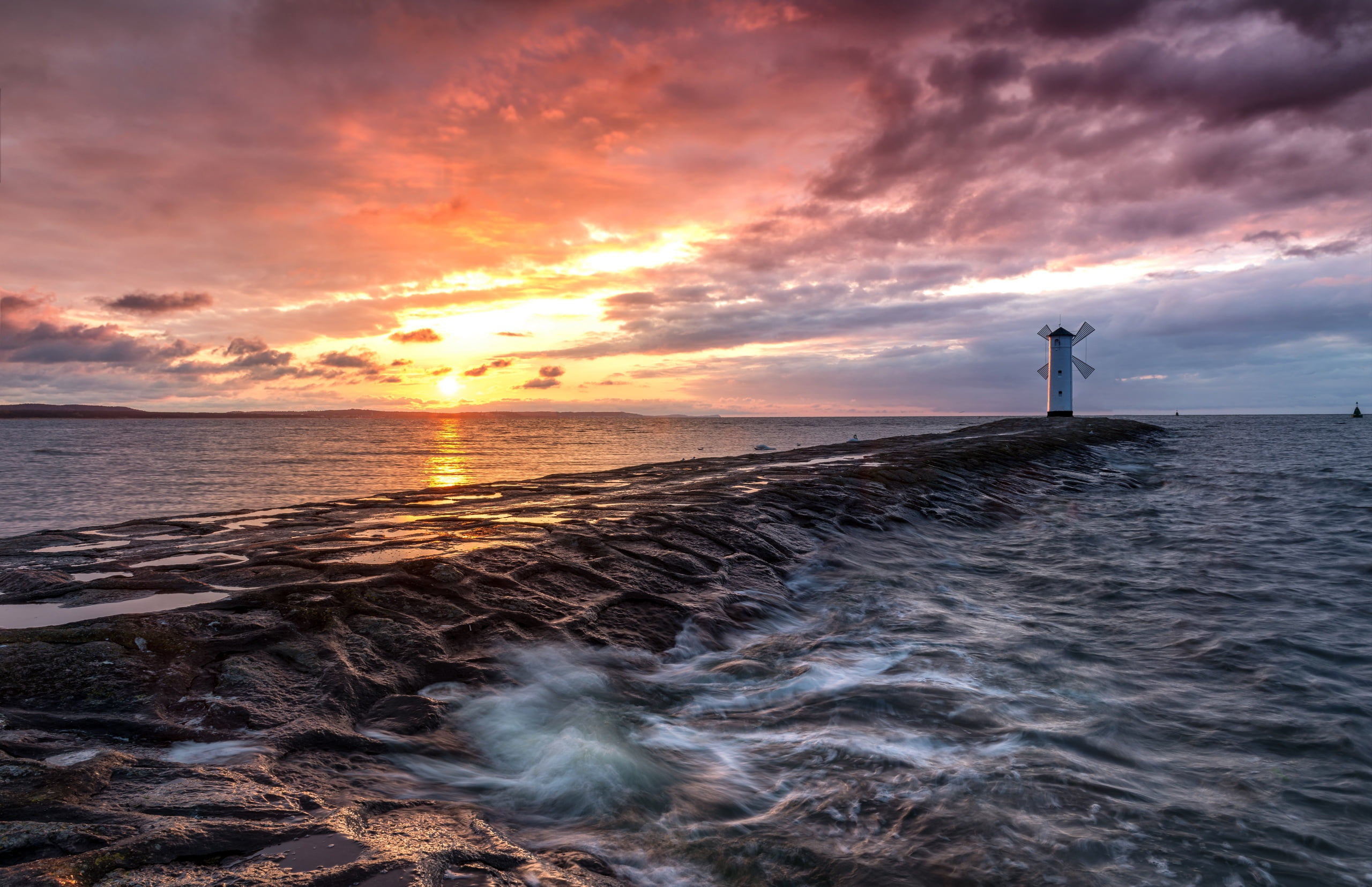 Ostsee Sunset, sea, 2K, sunset, lighthouse, HD Wallpaper