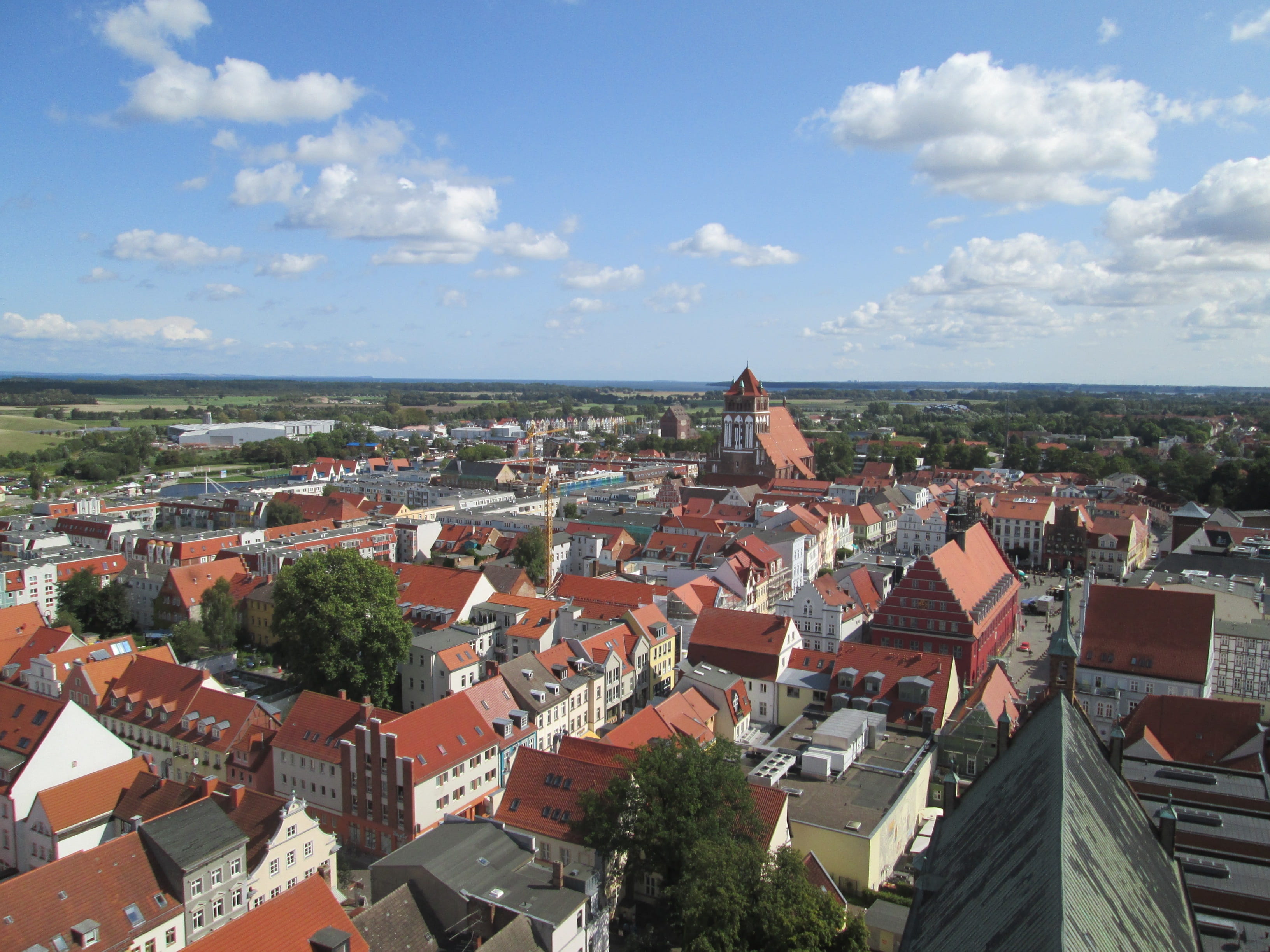 no people, roof tile, house, nature, high angle view, building exterior, panoramic, day, greifswald, building, water, tree, town, 2K, horizon, city, cloud - sky, HD Wallpaper