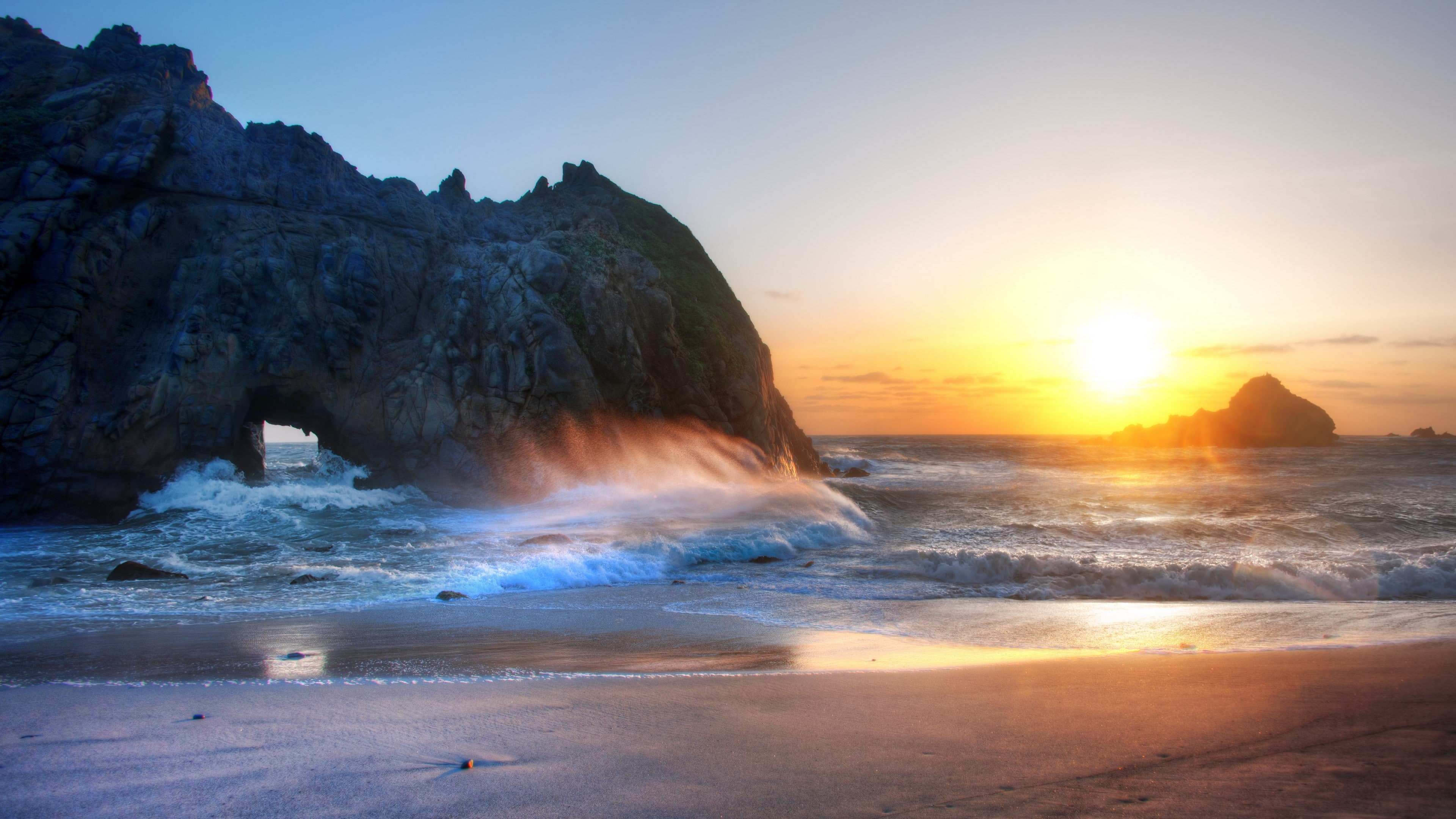 horizon over water, sunset, solid, land, sea, nature, nature  jpg 3840x2160, beach, motion, power in nature, water, beauty in nature, aquatic sport, flowing water, HD Wallpaper