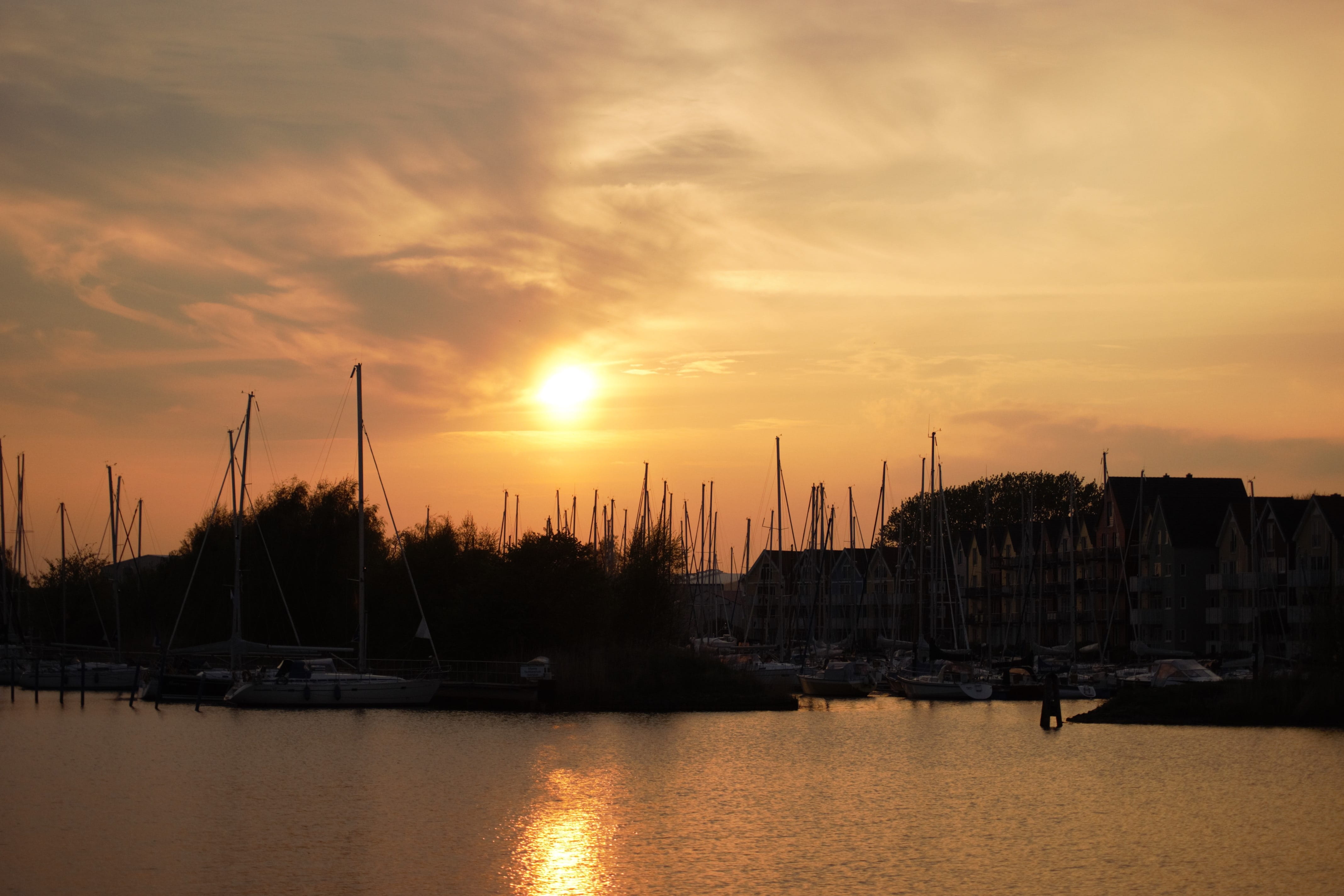 sunset, greifswald, sky, nautical vessel, building exterior, water, waterfront, architecture, beauty in nature, no people, transportation, sailboat, sun, HD Wallpaper