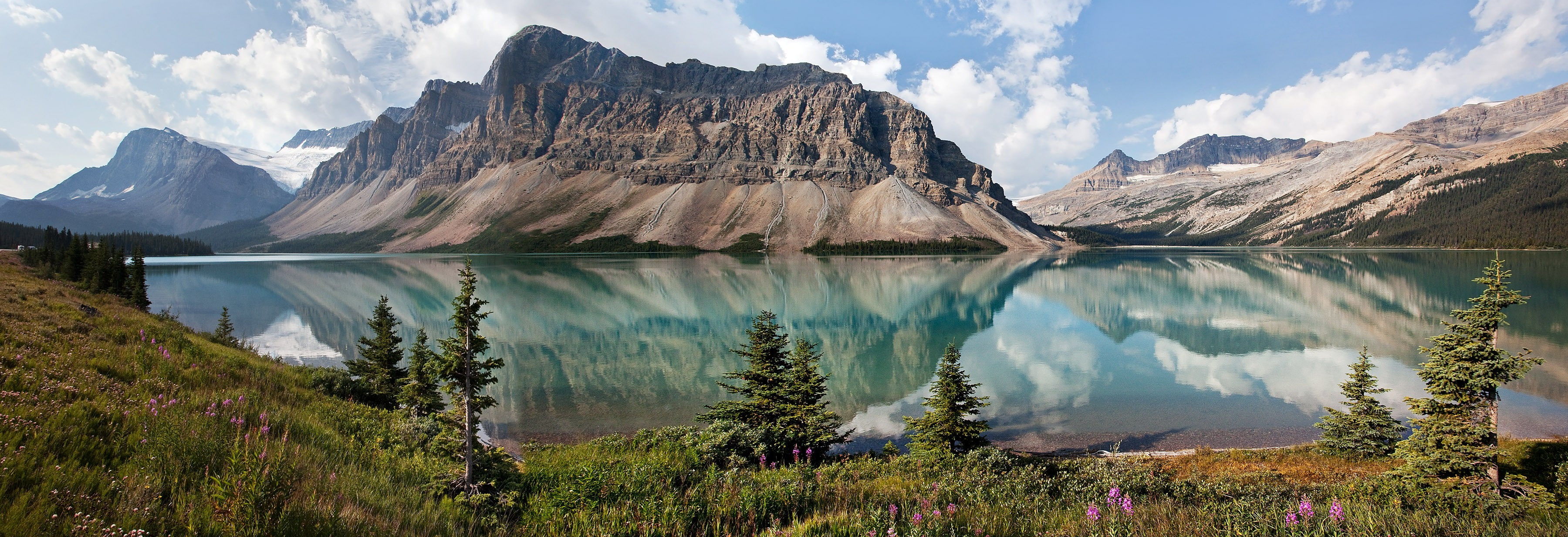 Lake, plateau, trees, 2K, bow, Nature, Canada, Bow Lake, sky, Alberta, mountains, HD Wallpaper