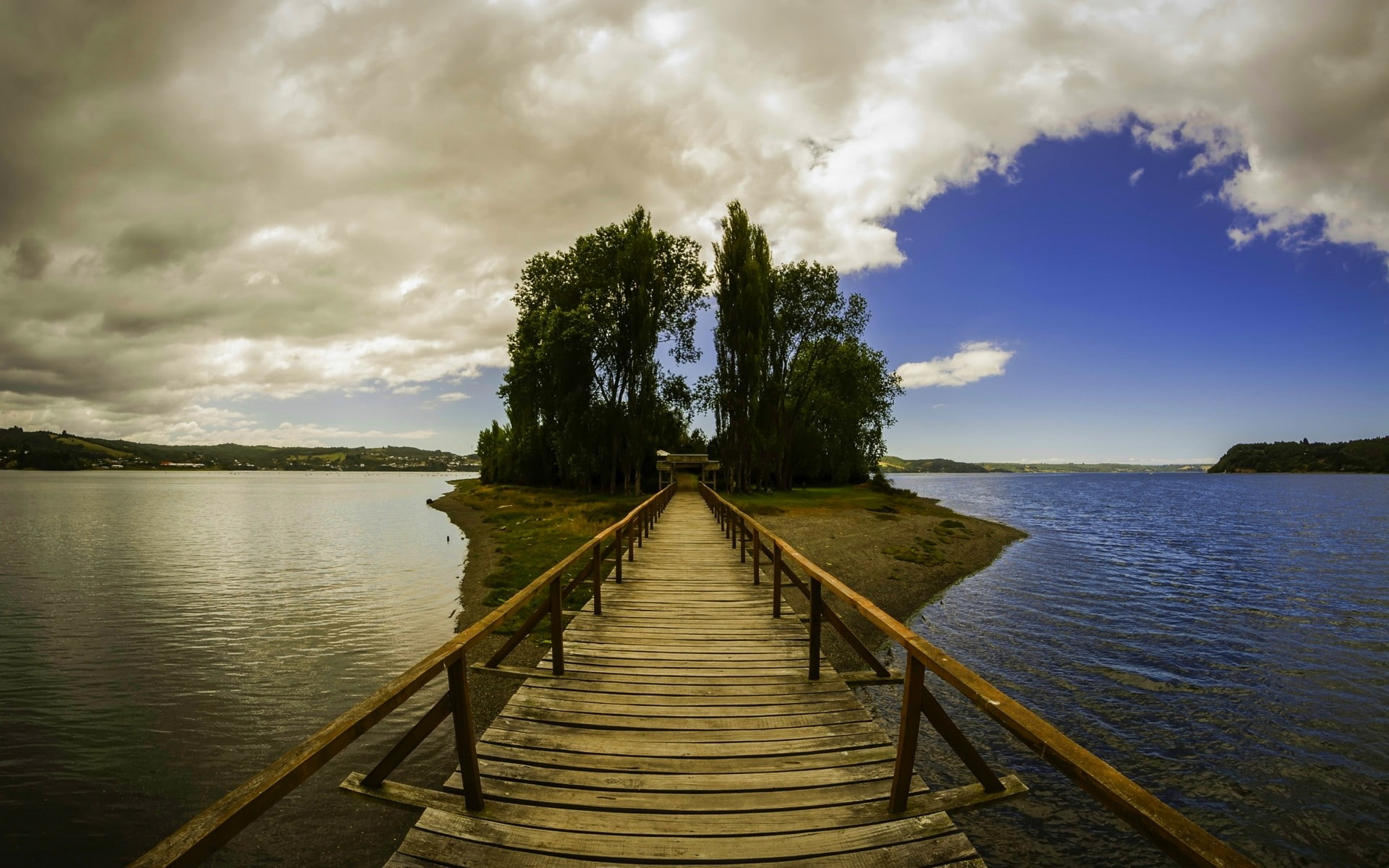 day, lake, long, Chile, 1080P, nature, no people, tranquility, plant, direction, wooden surface, tree, outdoors, clouds, wood - material, trees, scenics - nature, HD Wallpaper