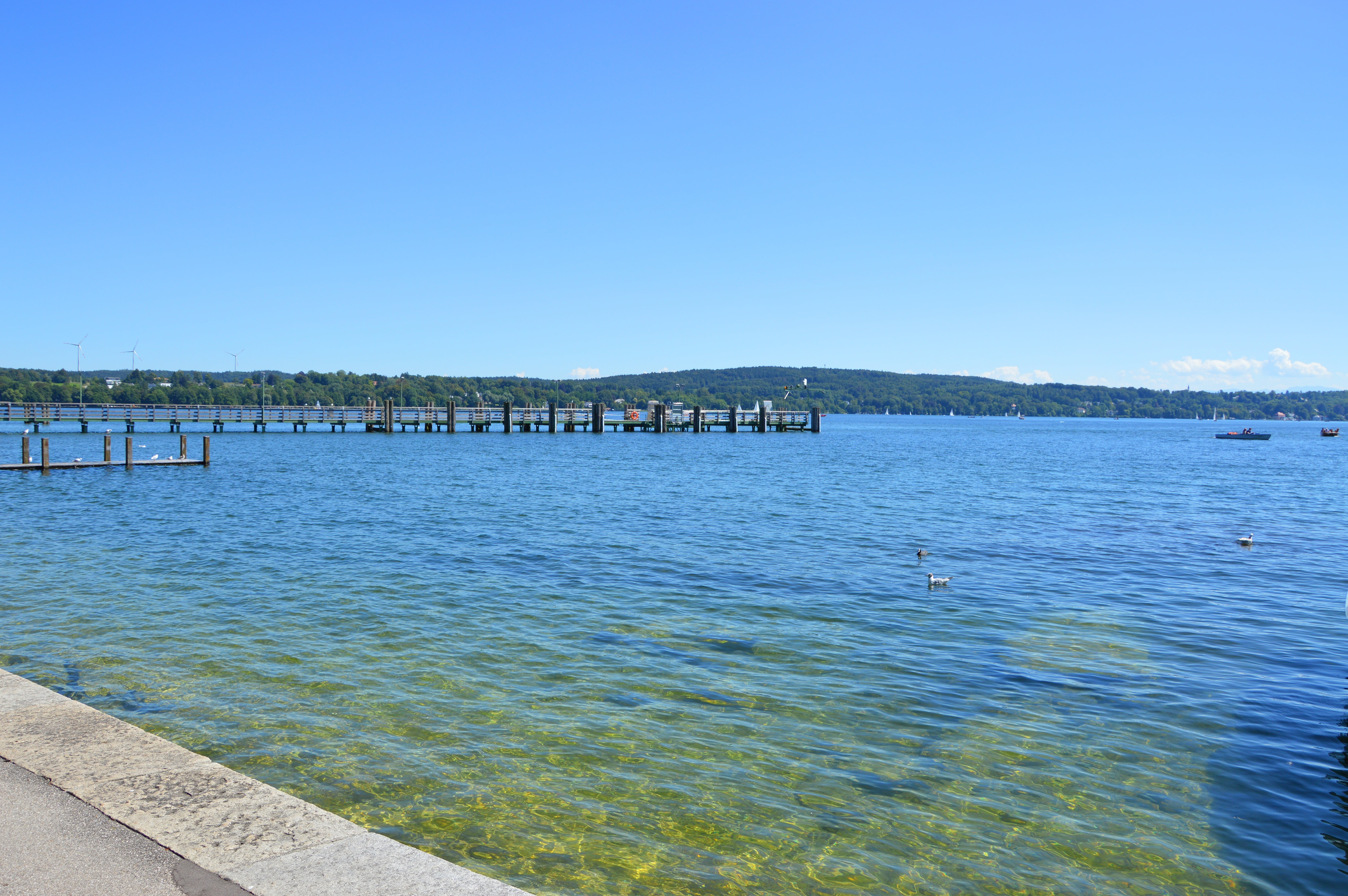 waterfront, sea, lagoon, architecture, blue, transportation, building exterior, sailboat, outdoors, pier, clear sky, sky, no people, 5K, water of starnberger lake, HD Wallpaper