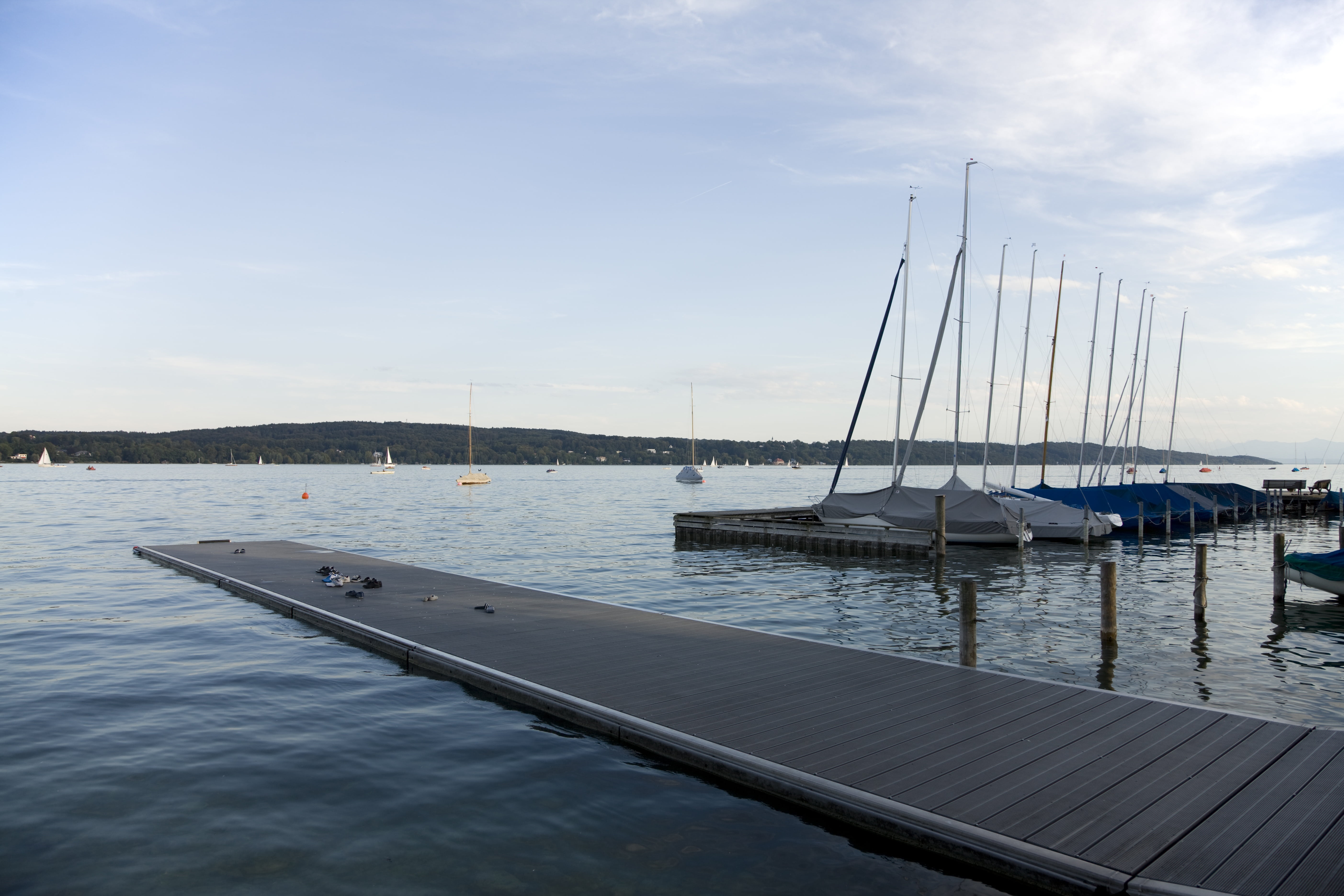 mast, sky, ship, pier, outdoors, marina, moored, bank, starnberger see, water, covered sky, mountain, idyllic, summer, sailing boats, architecture, nature, HD Wallpaper
