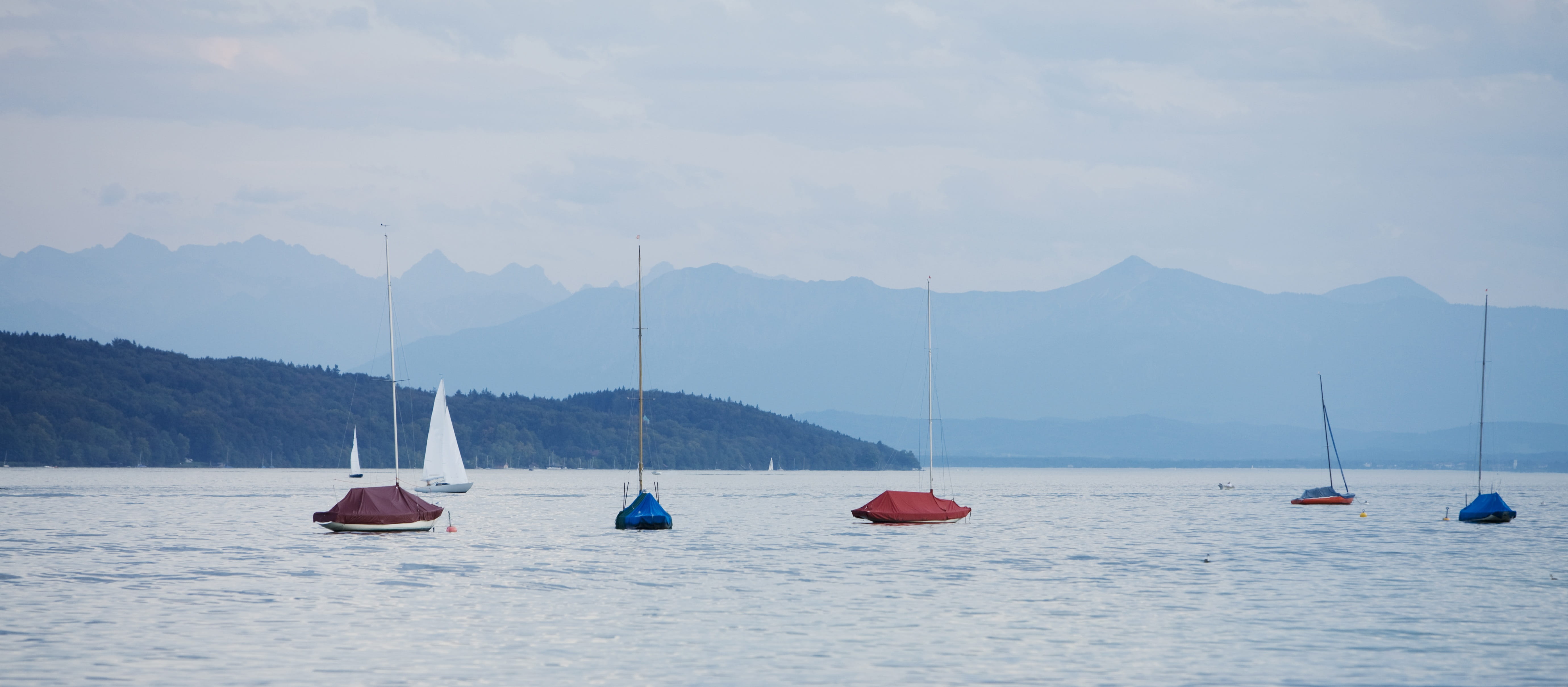 spring, yacht, mountain range, Boot, autumn, day, landscape, land, mode of transportation, beauty in nature, sailboat, yachting, upper bavaria, starnberg, HD Wallpaper
