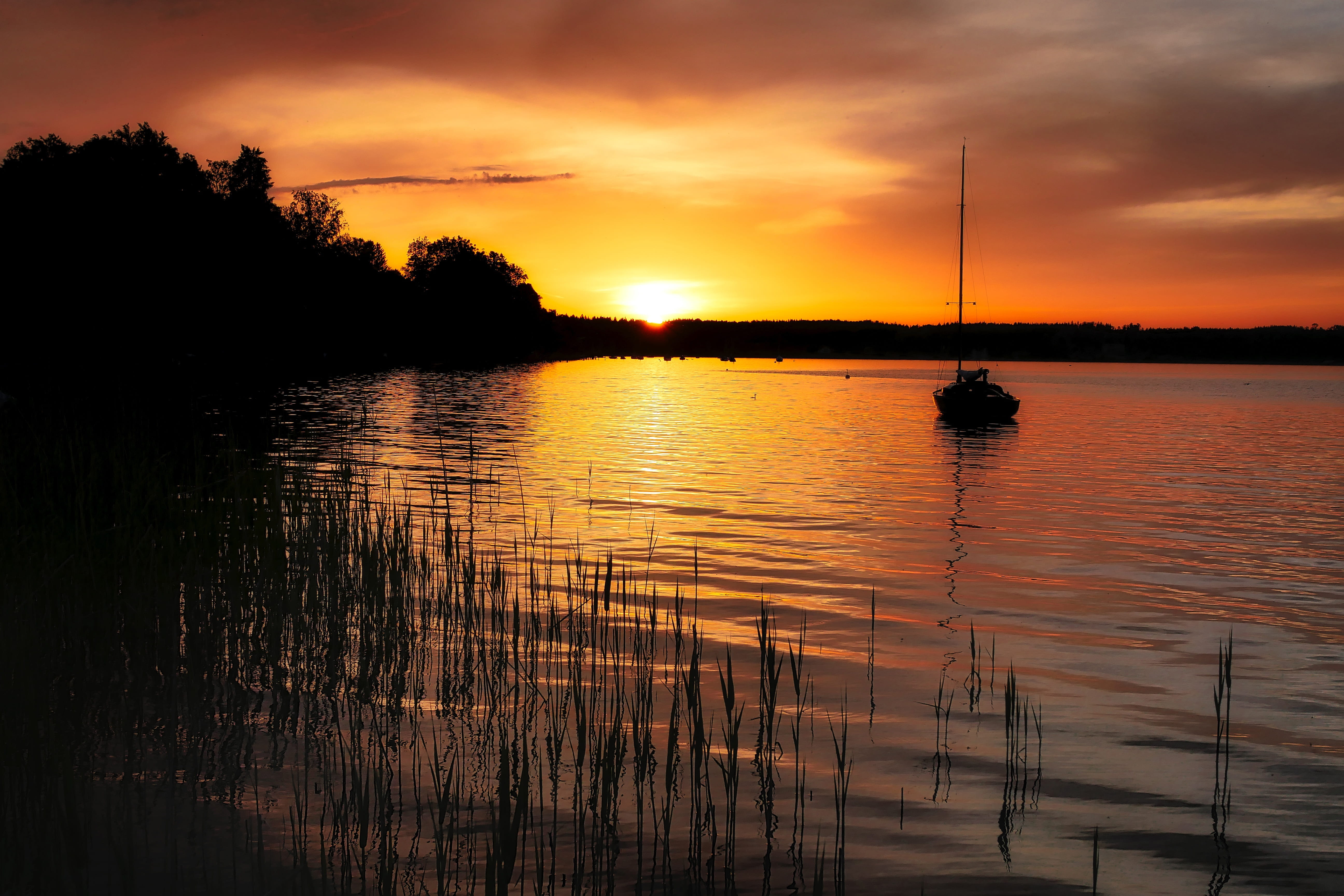 cloud - sky, evening sun, tranquil scene, tranquility, atmospheric, reflection, nautical vessel, beauty in nature, summer, clouds, warm, bavaria, orange color, HD Wallpaper