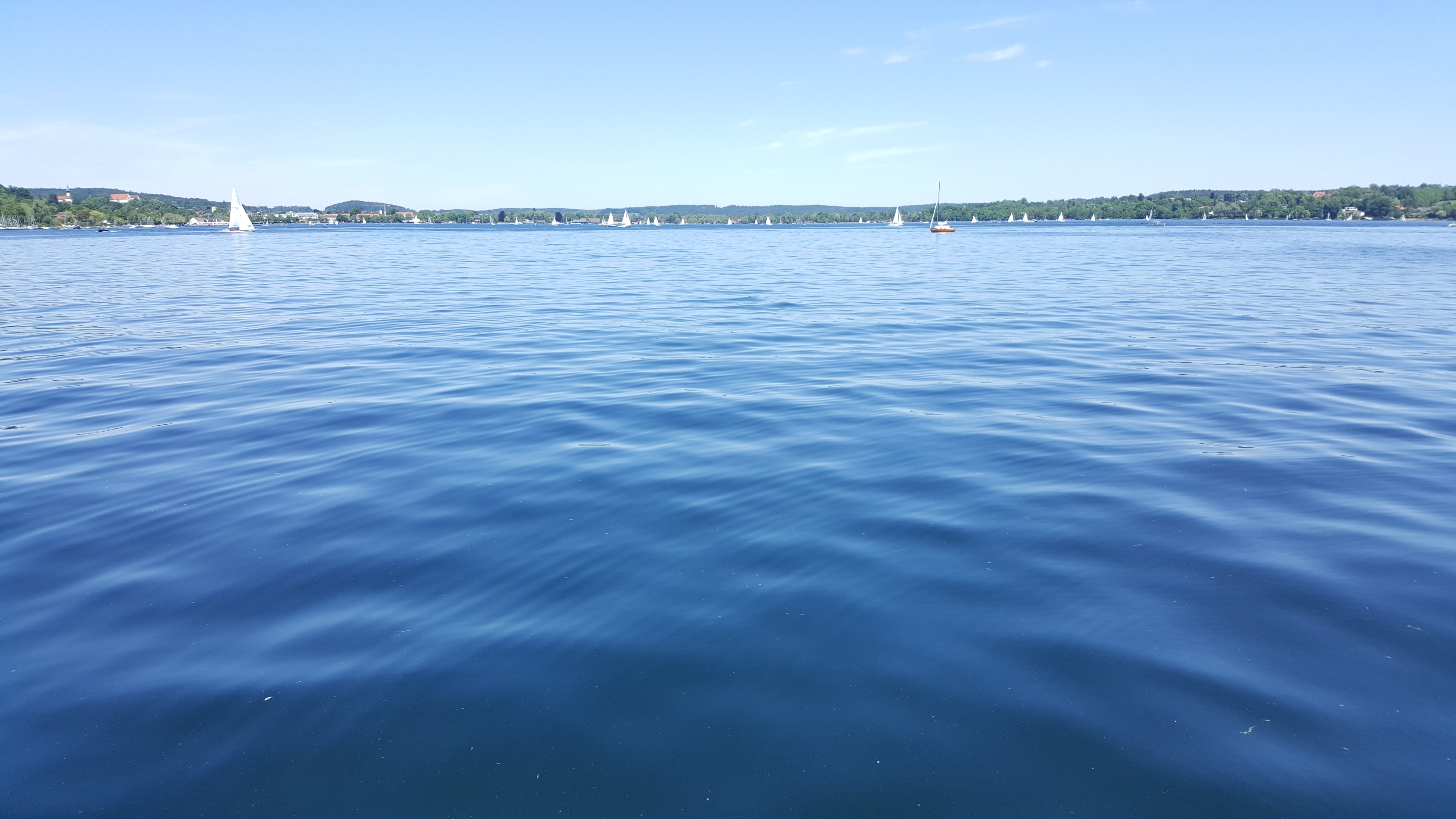 travel, tranquil scene, 5K, water, sailboat, starnberger see, transportation, scenics - nature, clear sky, city, no people, built structure, outdoors, HD Wallpaper