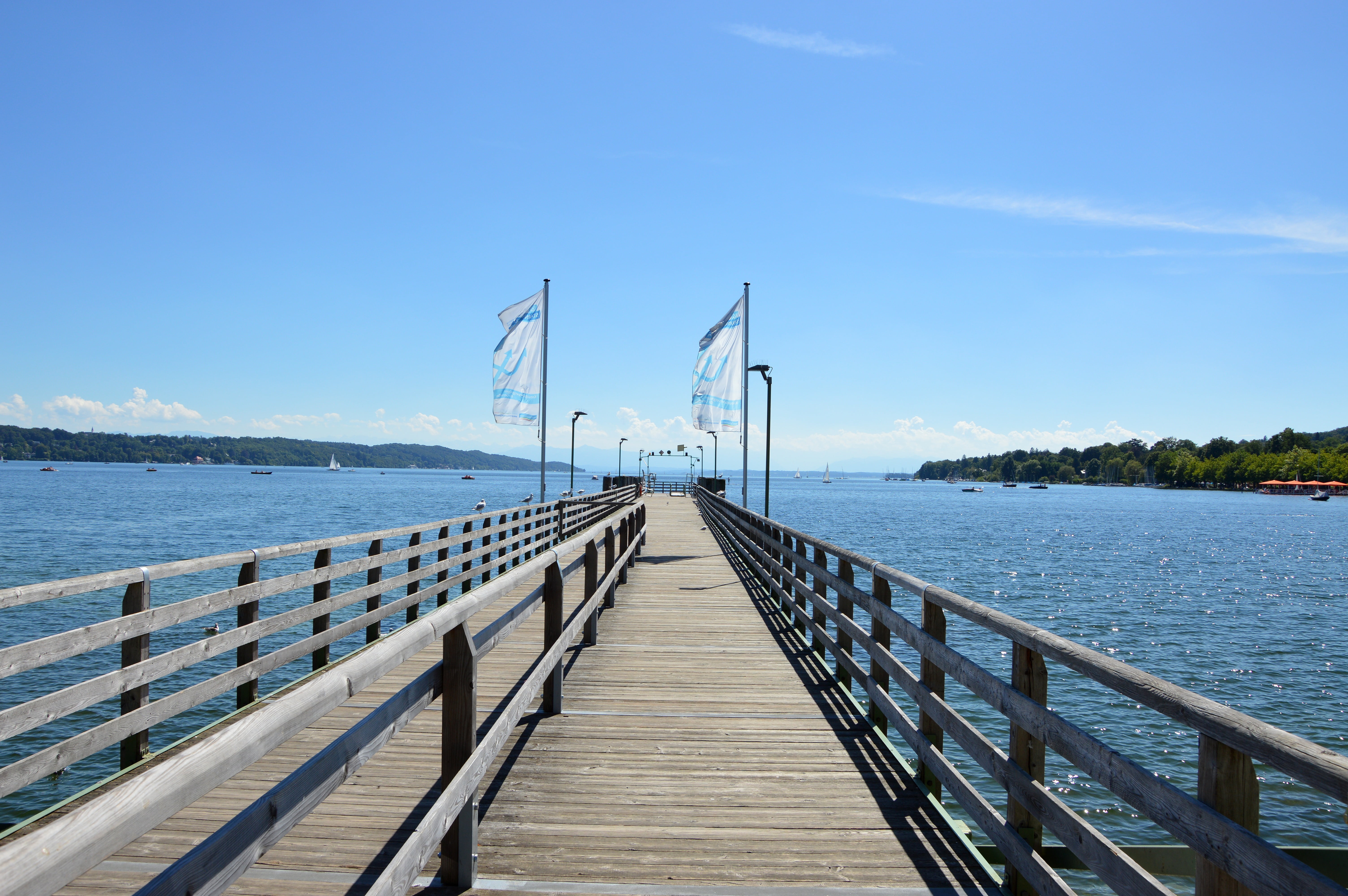 blue, sun, wood - material, outdoors, summer, railing, jetty, sky, starnberger see, 5K, no people, tranquil scene, direction, water, scenics - nature, HD Wallpaper