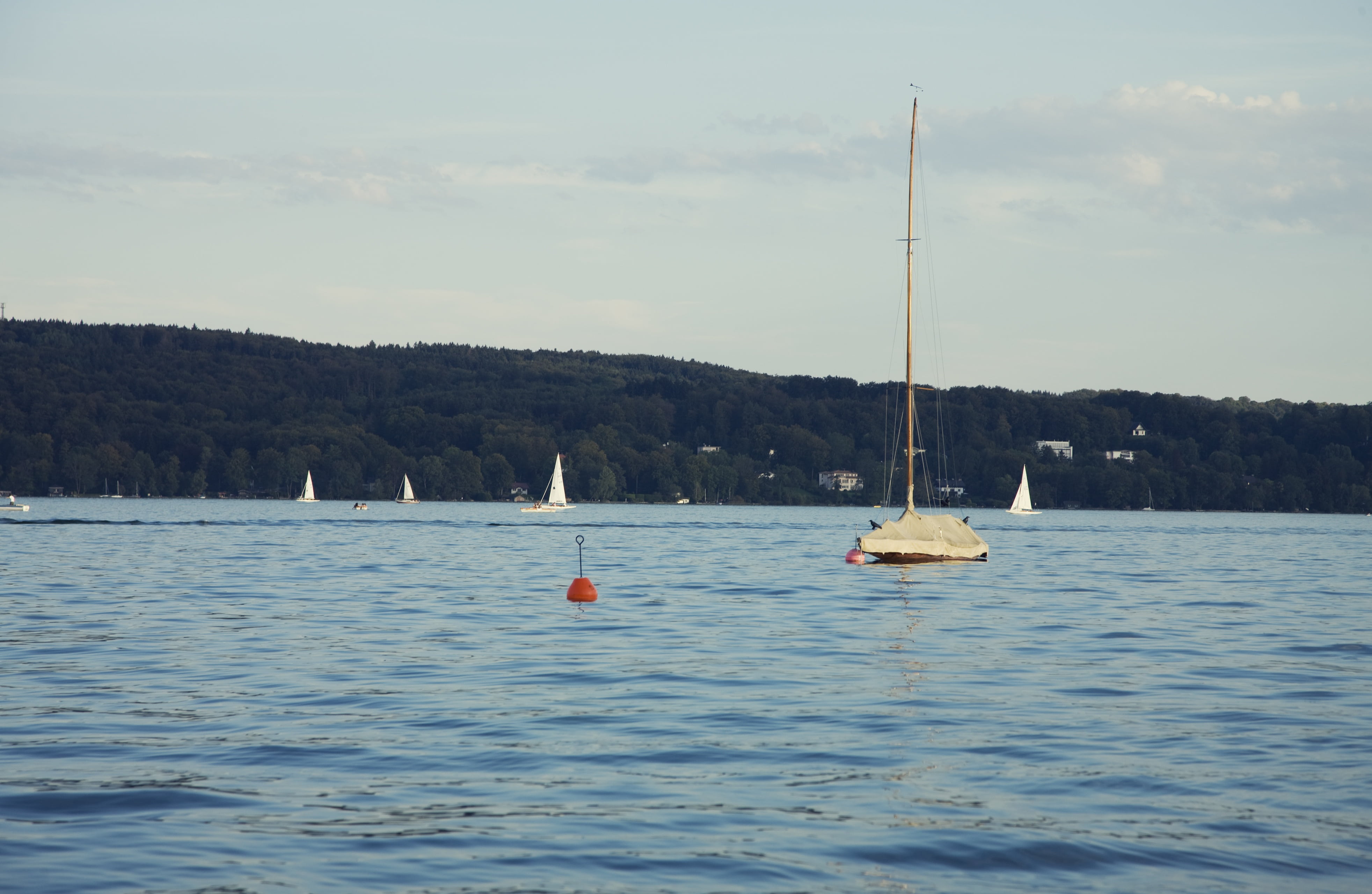 sailing boats, water, pole, boot, nature, lake, 4K, idyllic, anchored, starnberger see, day, ship, cloud - sky, transportation, nautical vessel, no people, HD Wallpaper