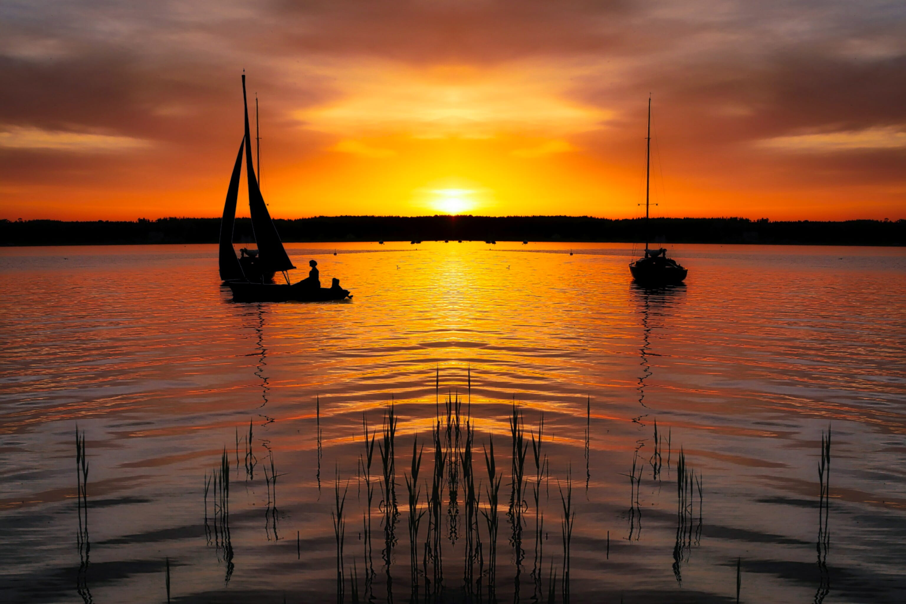romance, scenics - nature, starnberger see, silhouette, sunset, outdoors, 2K, orange color, idyllic, tranquility, lichtspiel, reflection, evening sun, HD Wallpaper