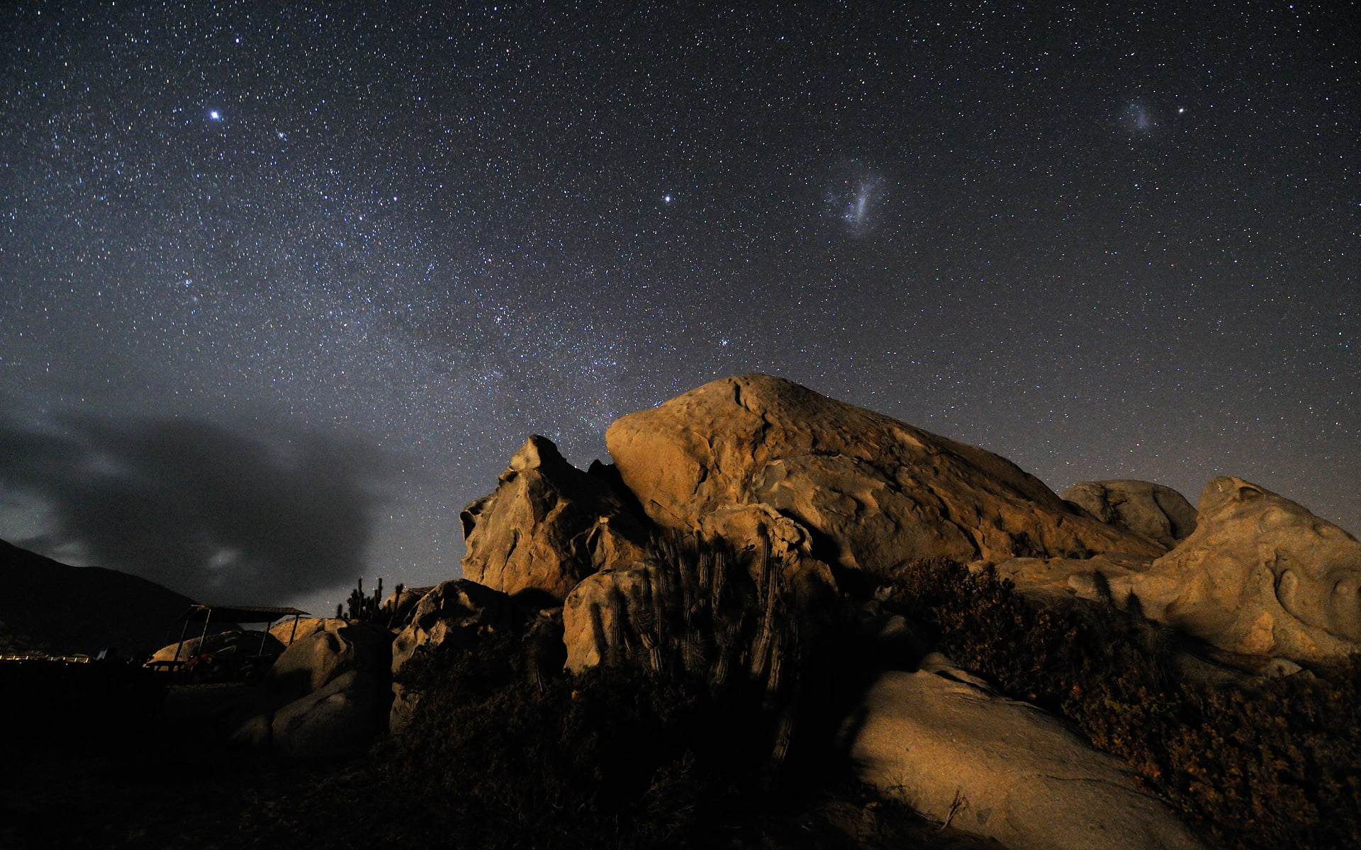 tranquility, eroded, Magellan, night, cacti, 1080P, nature, stars, rock formation, mountains, tranquil scene, milky way, formation, arid climate, the sky, HD Wallpaper