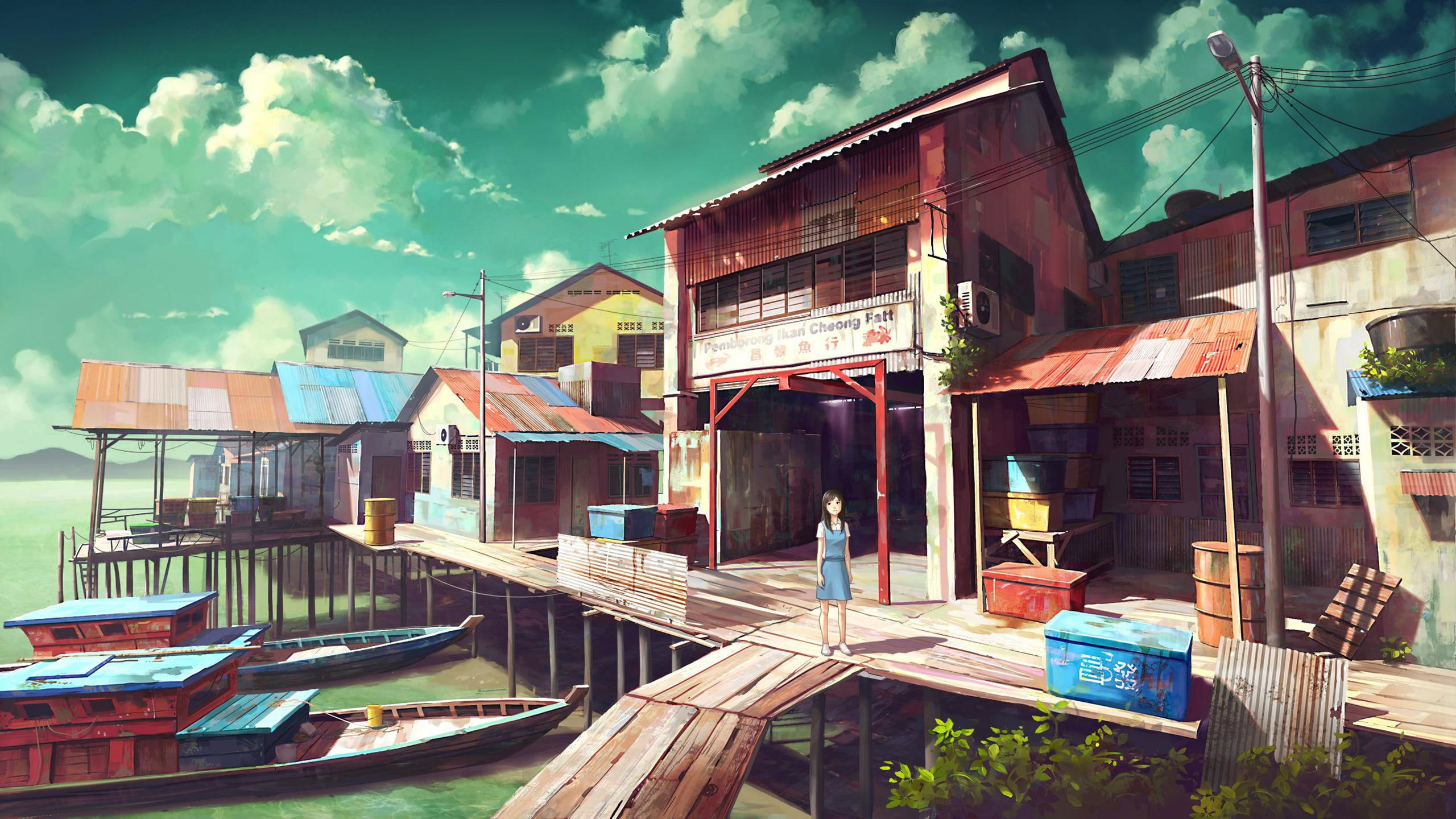 2K, dock, painting, woman, girl, wooden, warehouse, anime, boat, 2560x1440, pier, HD Wallpaper