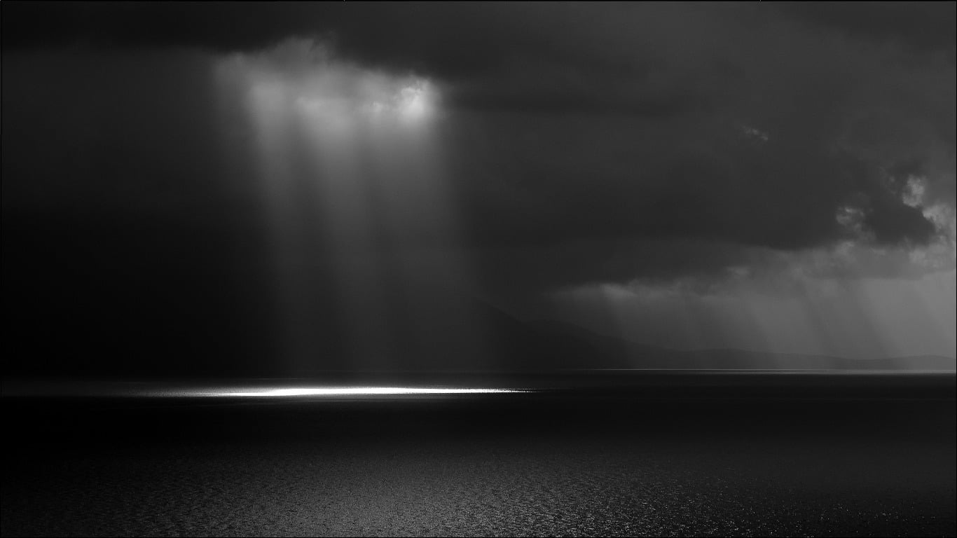 illuminated, sunlight, stage - performance space, minimalism, no people, artwork, cloud - sky, abstract, nature, sea, stage, lighting equipment, grayscale, HD Wallpaper